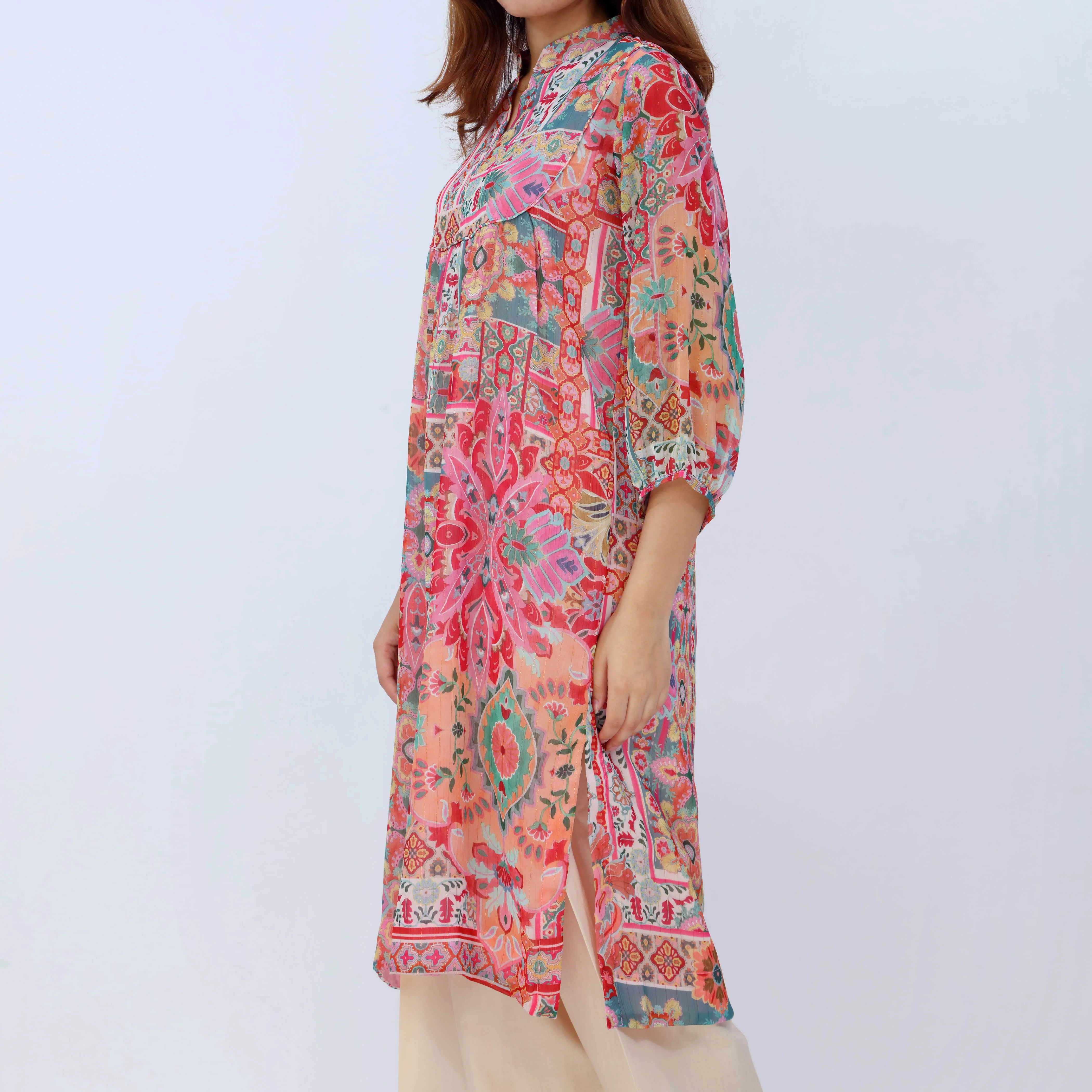 1PC- Printed Chiffon Zari Shirt PW5010 - Image 4