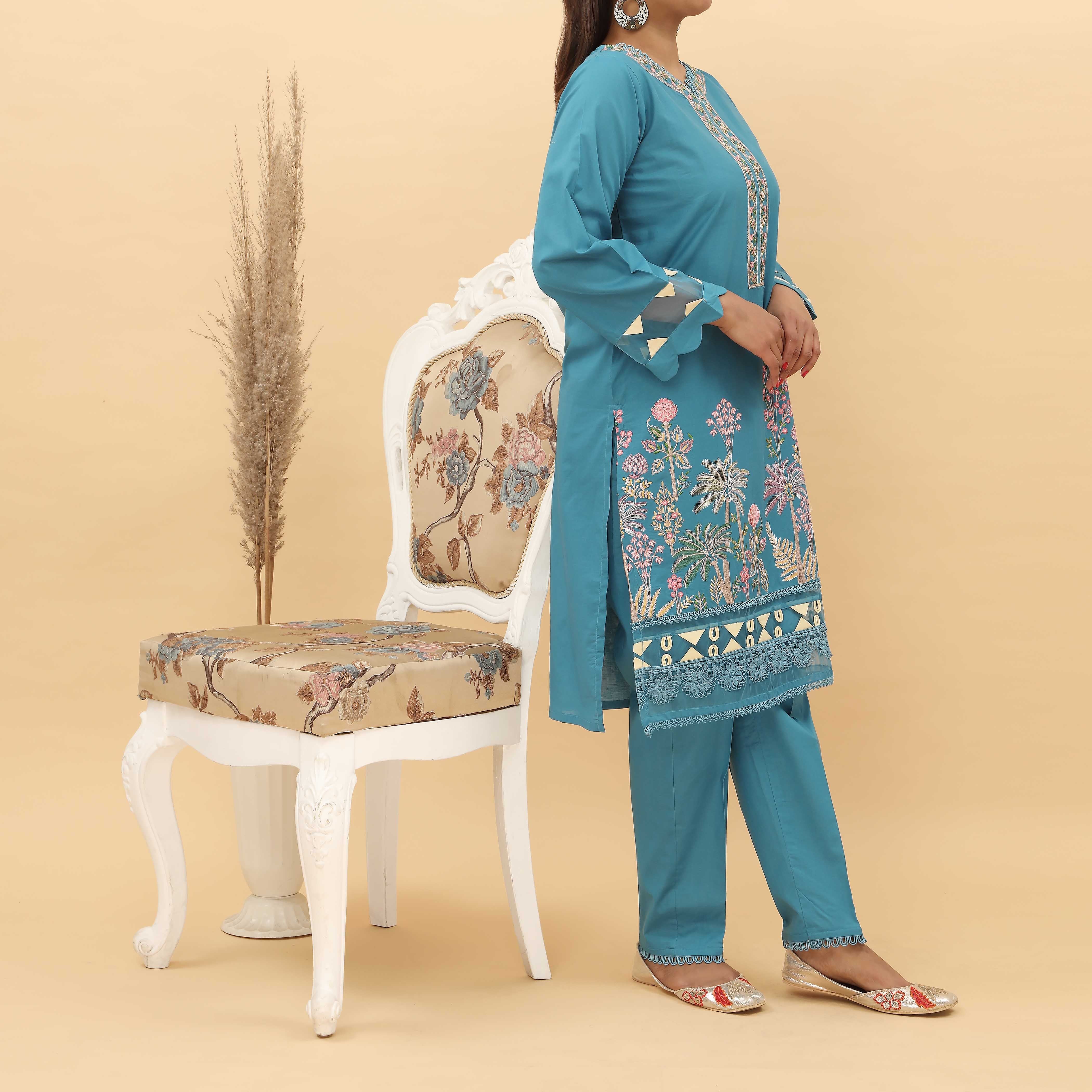 2PC- Cotton Cambric Embroidered Suit PS4948 - Image 2