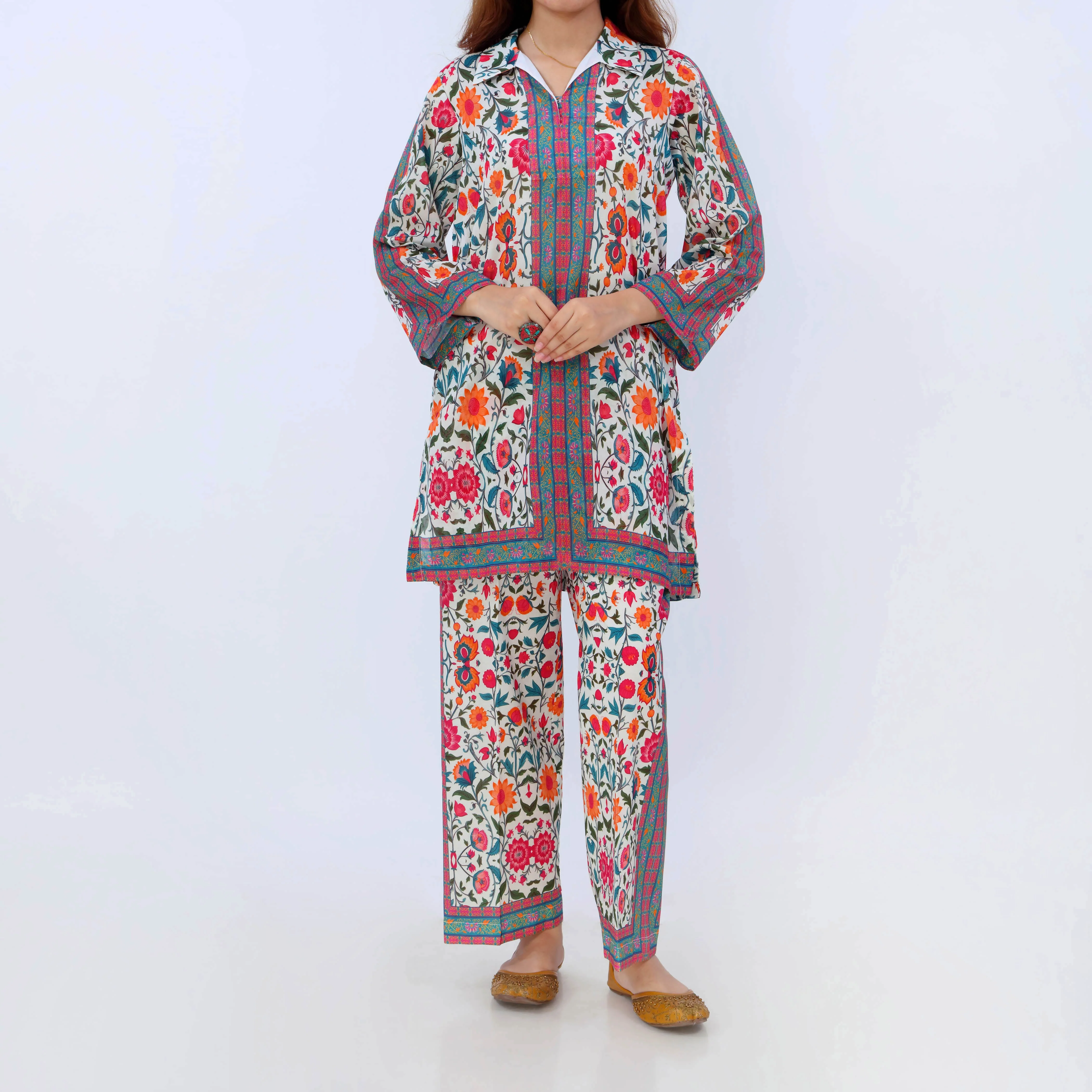 2PC- Digital Printed Cotton Cambric Co-Ord Set PS5452