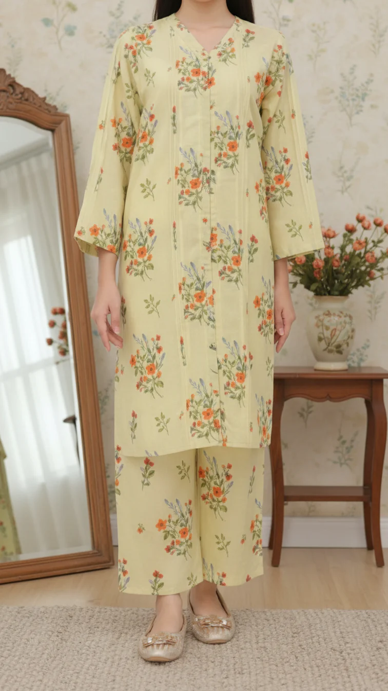 2PC- Digital Printed Cotton Cambric Co-Ord Set PW5067