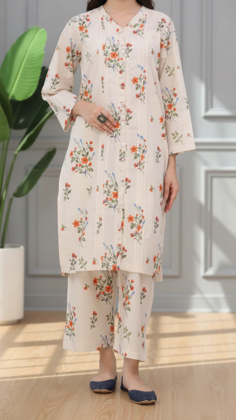 2PC- Digital Printed Cotton Cambric Co-Ord Set PW5068