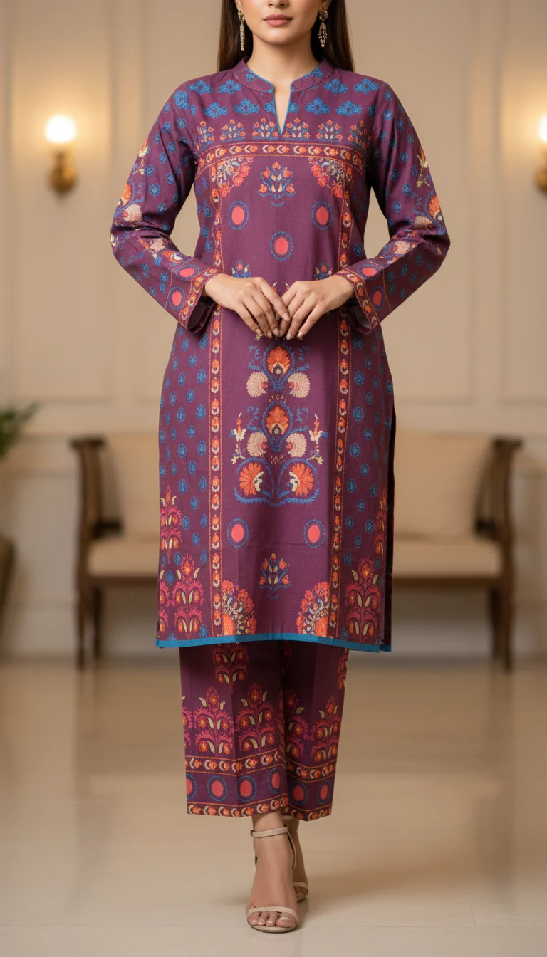 2PC Digital Printed Slub Khader Suit PW5269 - Image 2
