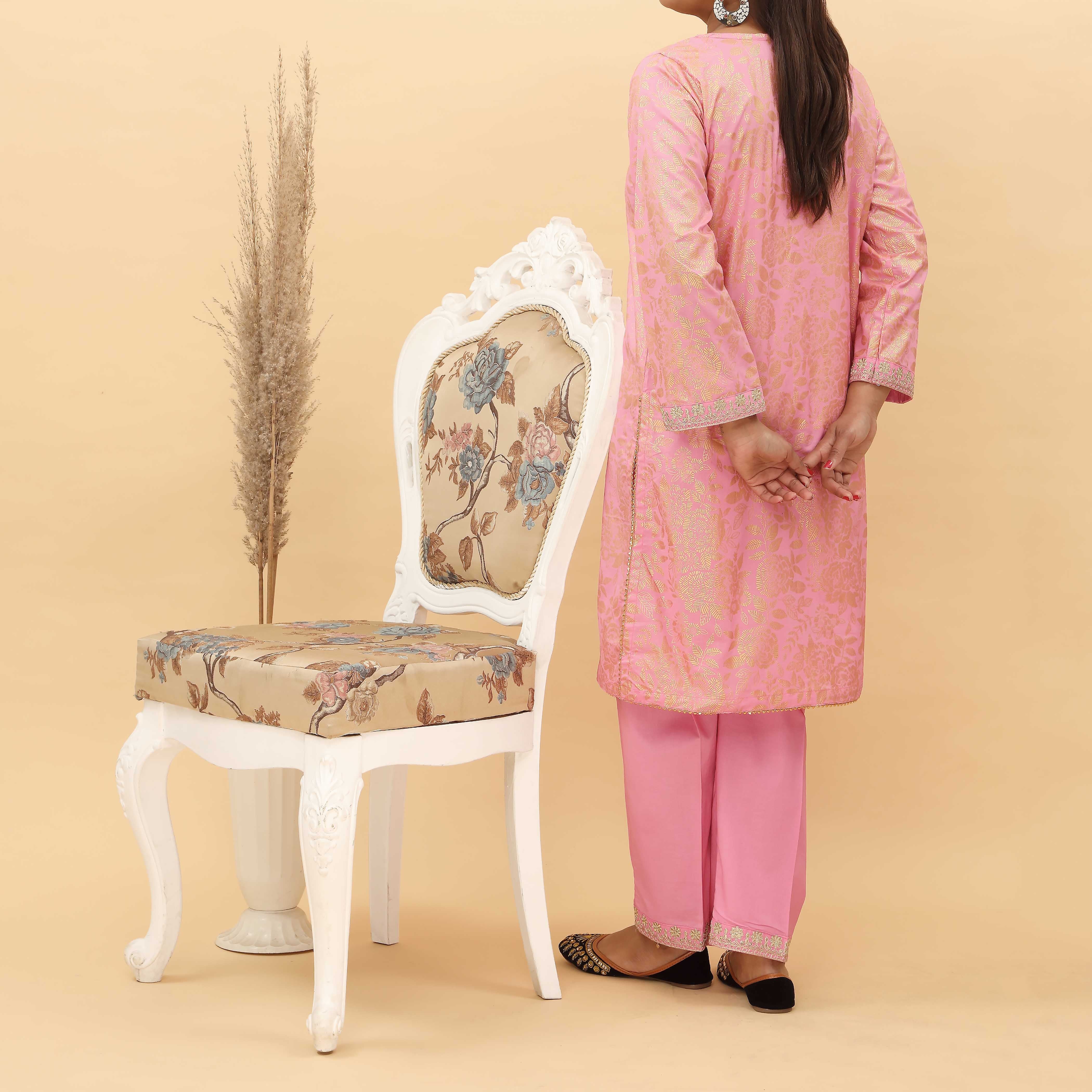 2PC- Embroidered And Gold Printed Cotton Cambric Suit PS5097 - Image 3