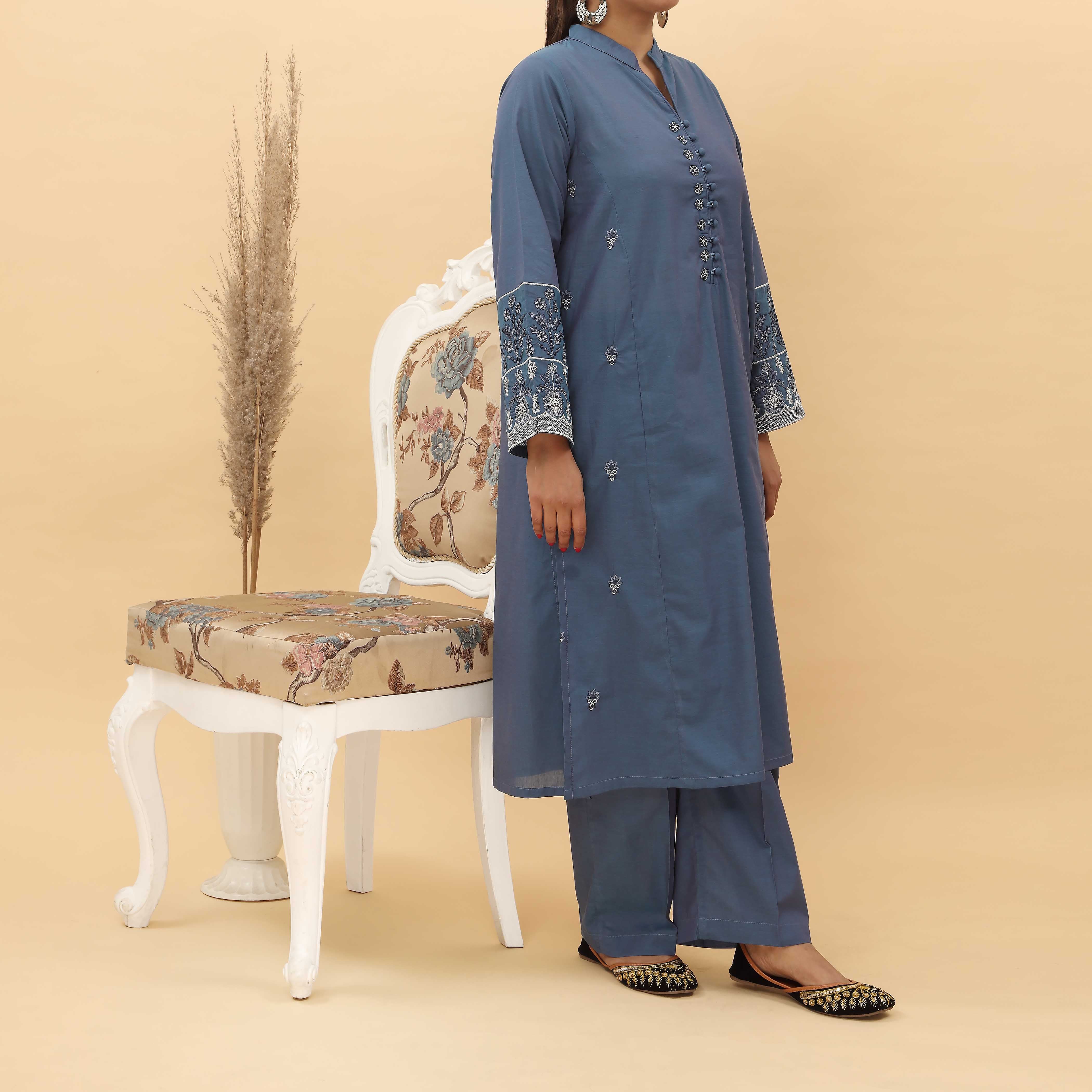 2PC- Embroidered Chambray Cotton Suit PS5045 - Image 2