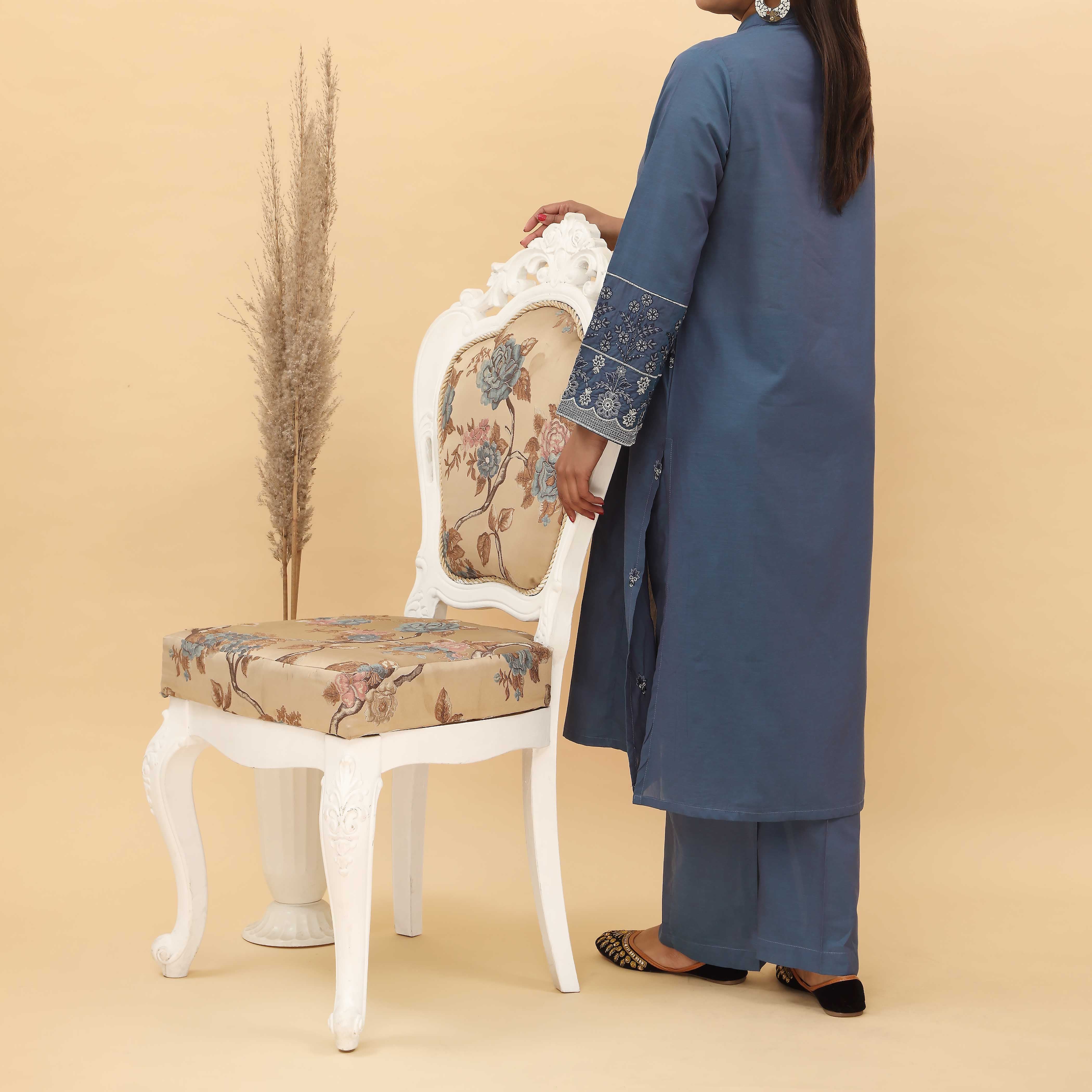 2PC- Embroidered Chambray Cotton Suit PS5045 - Image 3