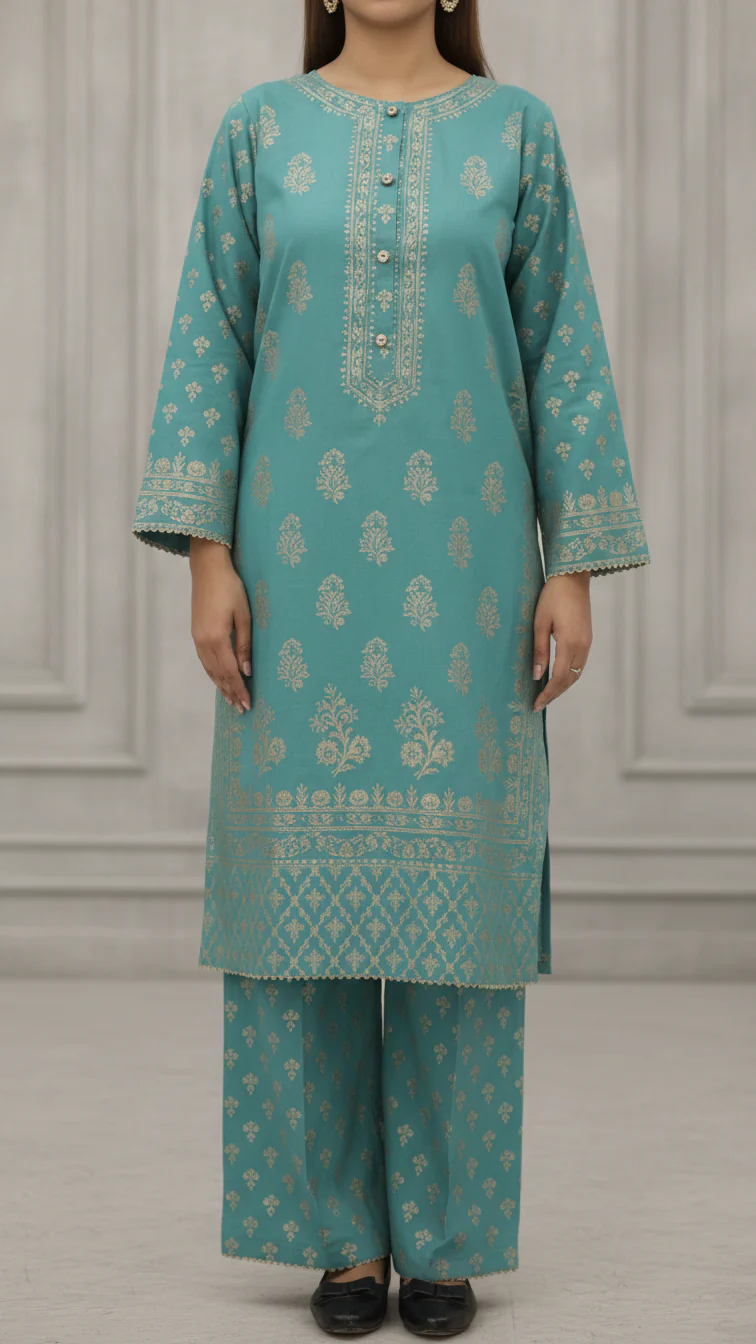 2PC- Gold Printed Cotton Cambric Suit PS5356