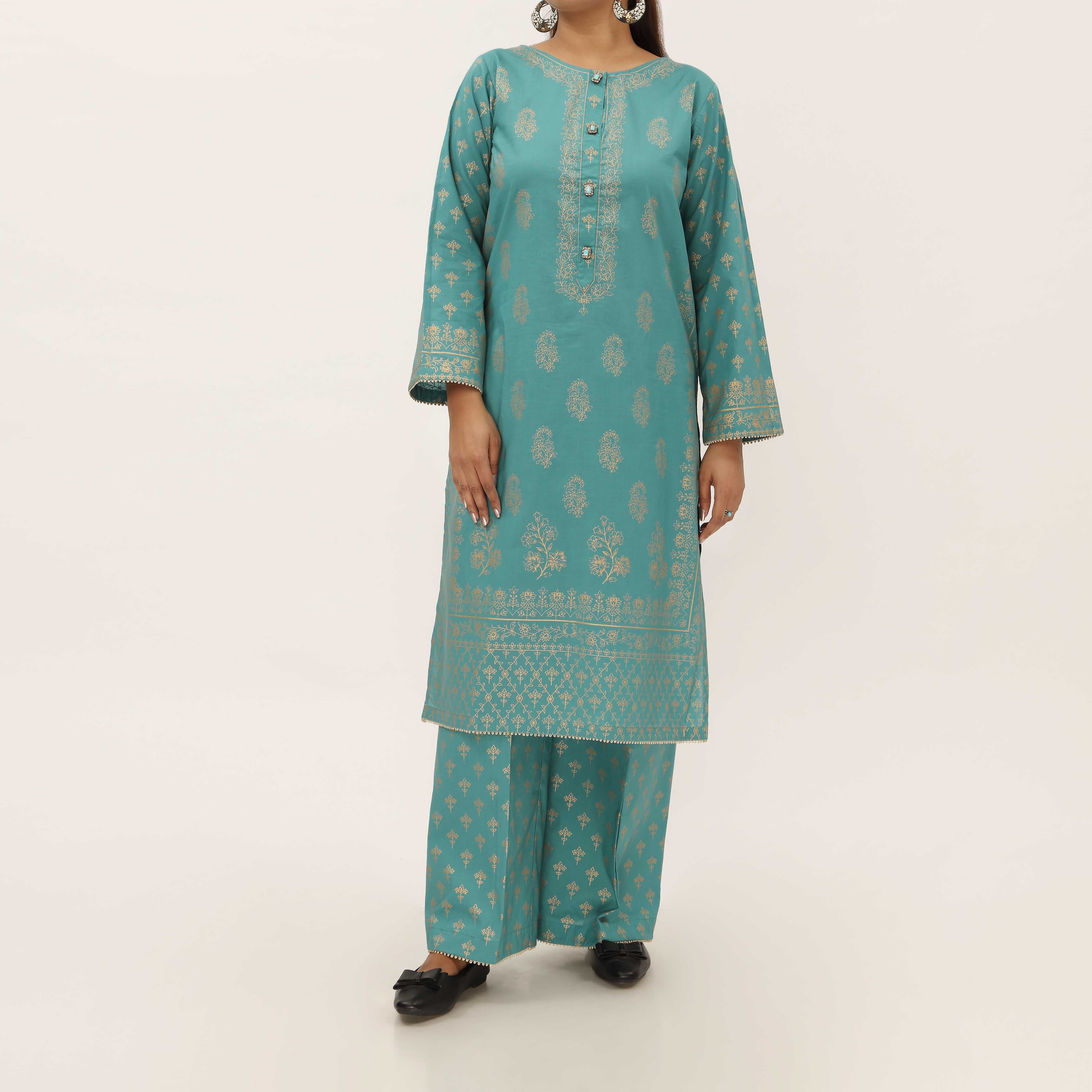 2PC- Gold Printed Cotton Cambric Suit PS5356 - Image 2