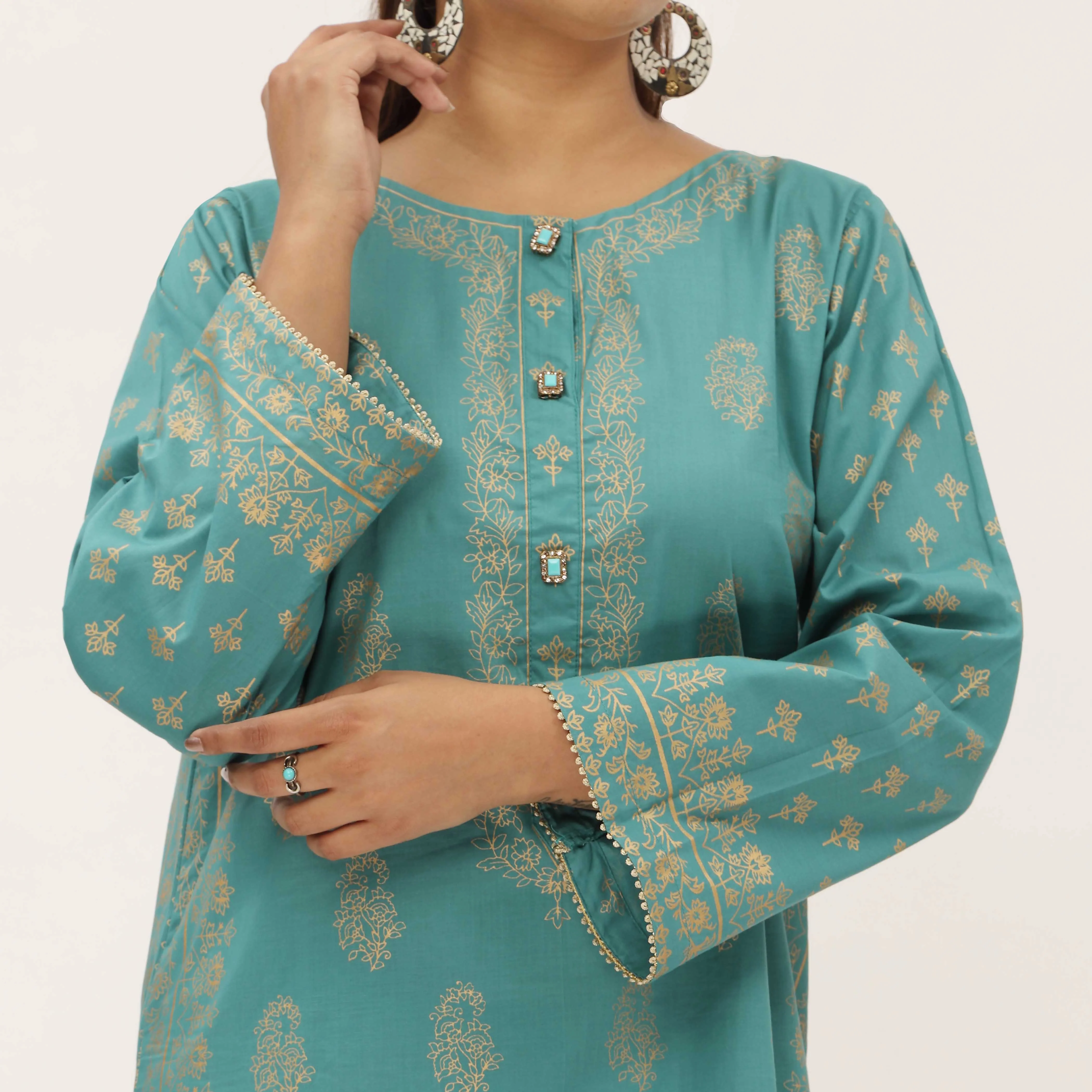 2PC- Gold Printed Cotton Cambric Suit PS5356 - Image 3