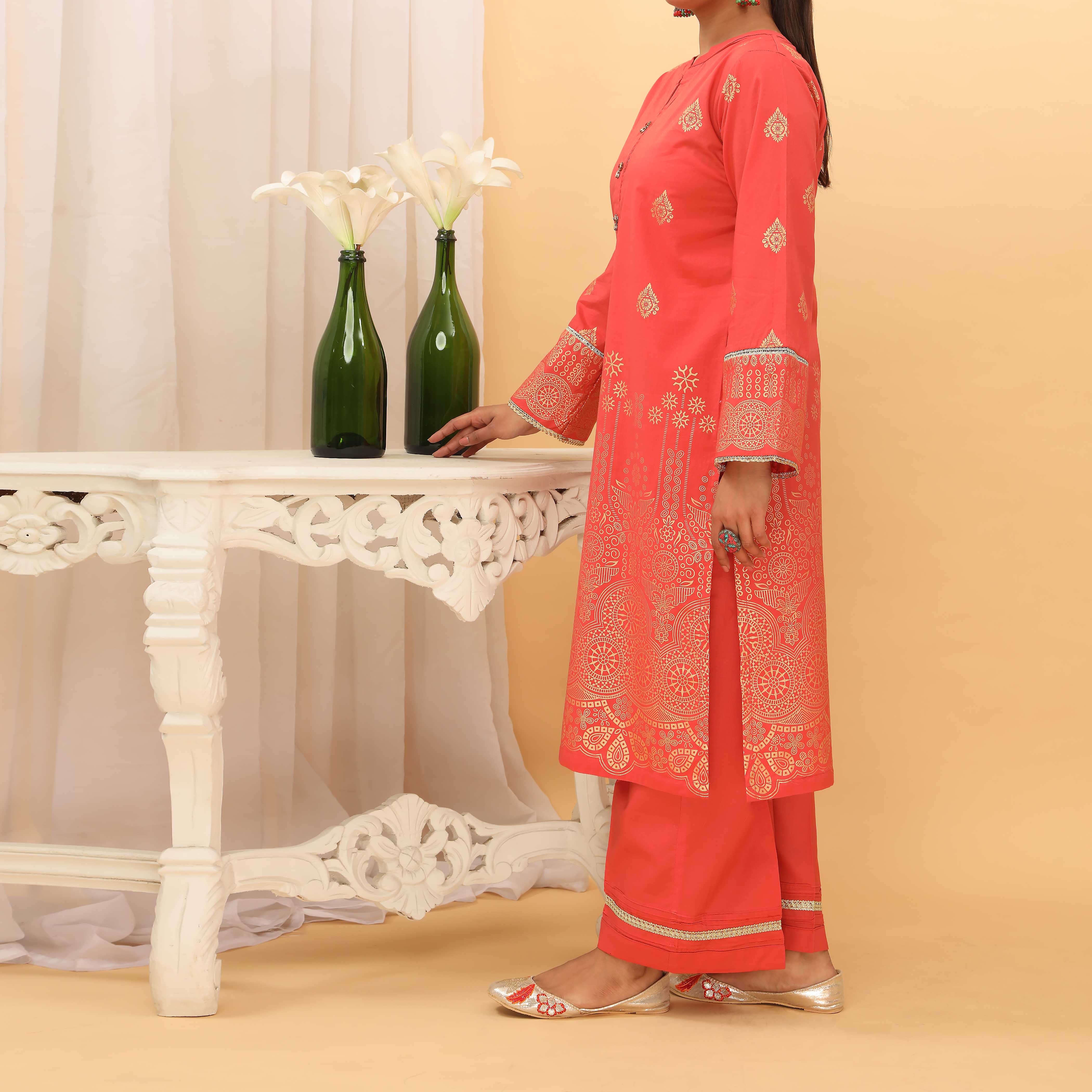 2PC- Golden Glitter Printed Cambric Suit PS5095 - Image 3