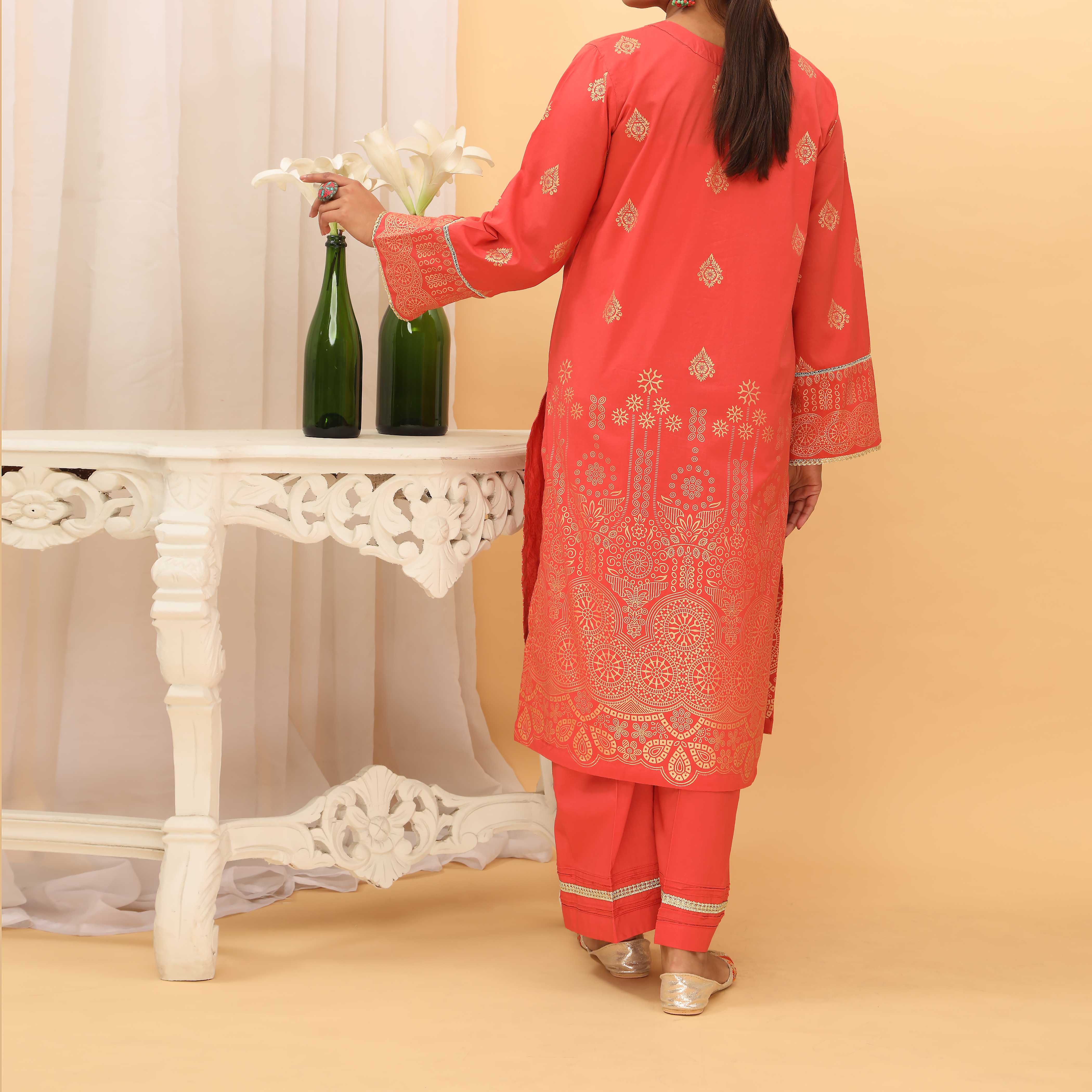 2PC- Golden Glitter Printed Cambric Suit PS5095 - Image 4
