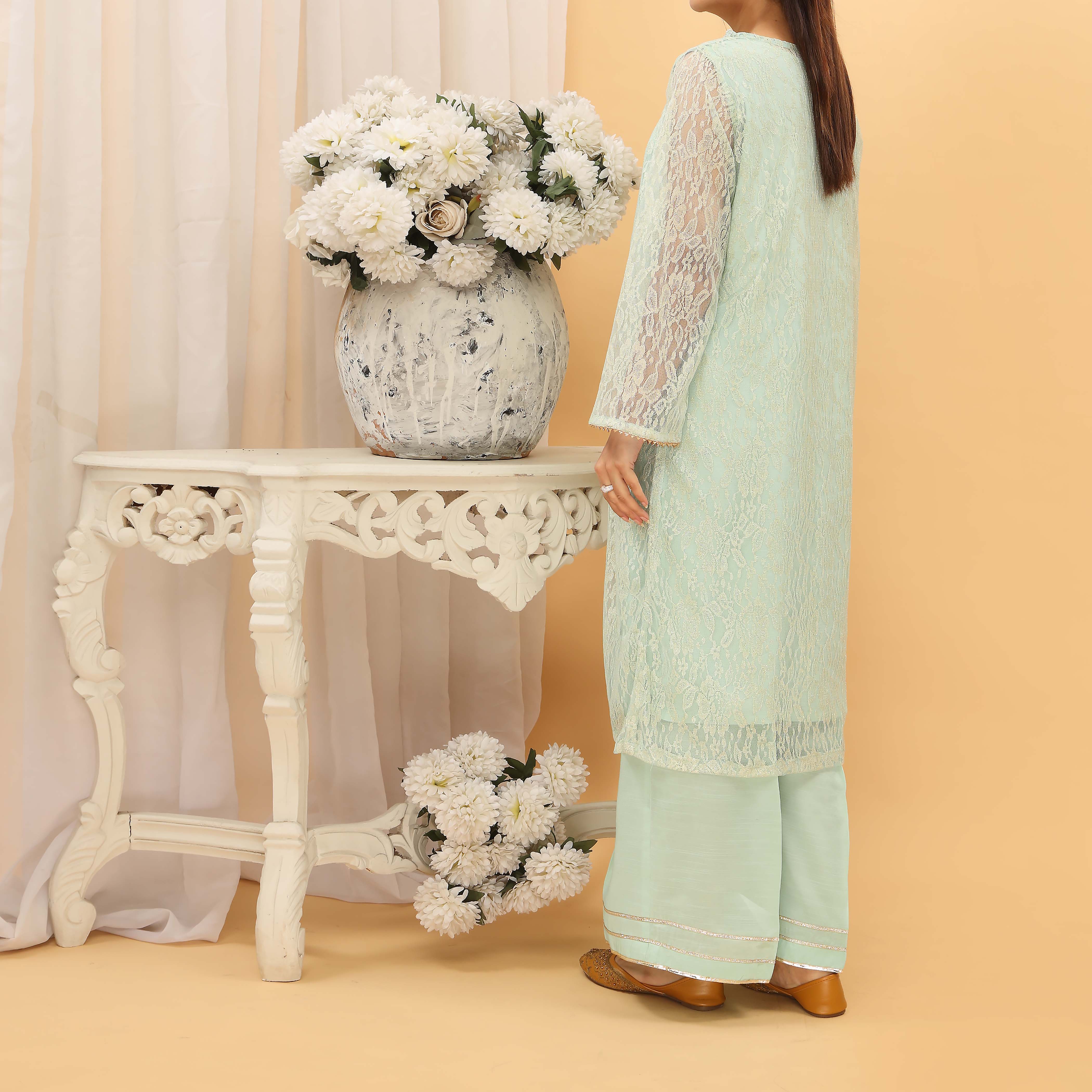 2PC- Lace Net Gown With Neck Embroidery And Raw Silk Suit PS4965 - Image 3