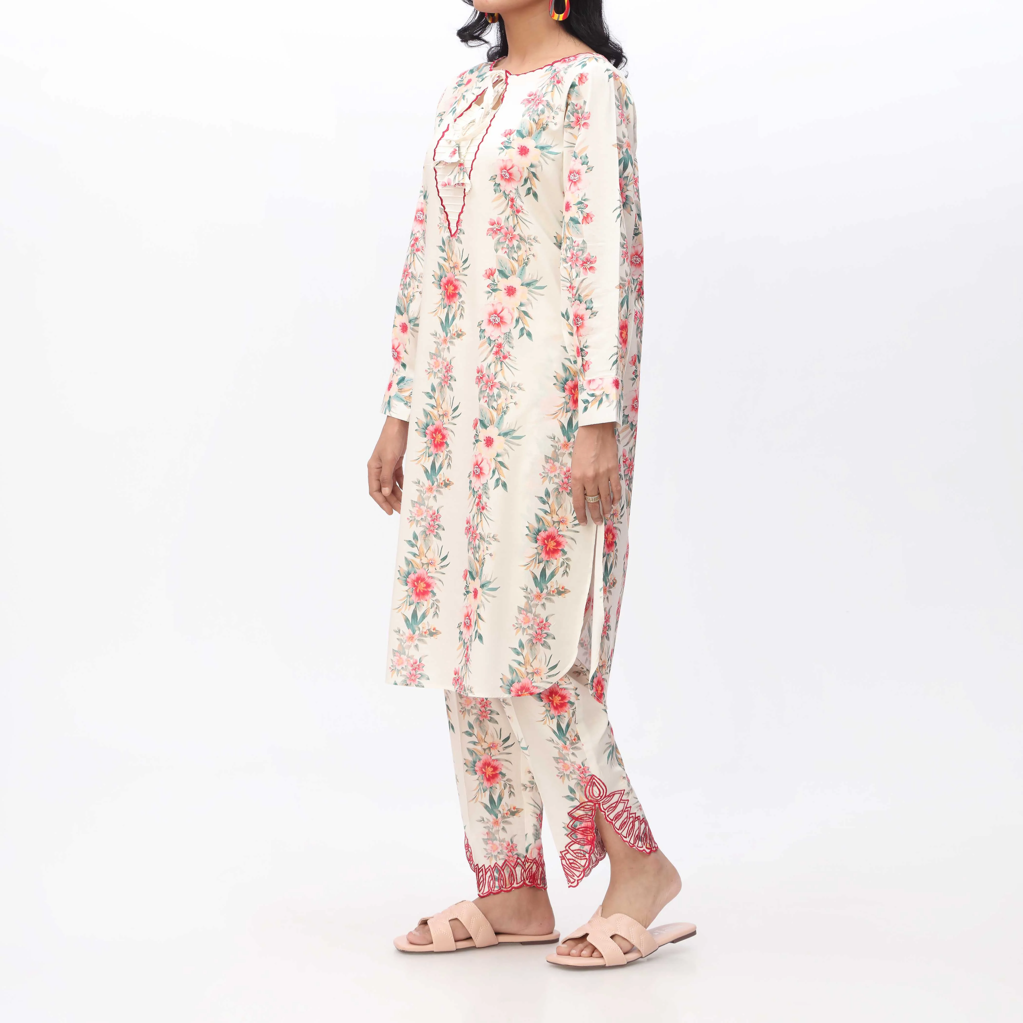 2PC- Printed & Embroidered Cambric Shirt With Trouser PS3331 - Image 2