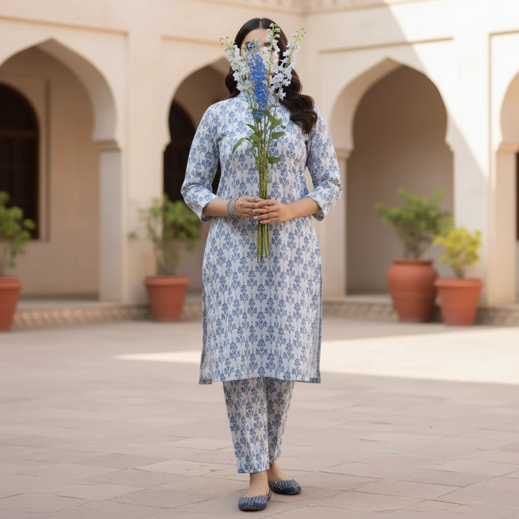 2PC Printed Viscose Linen Chambray Suit PW5218 - Image 2