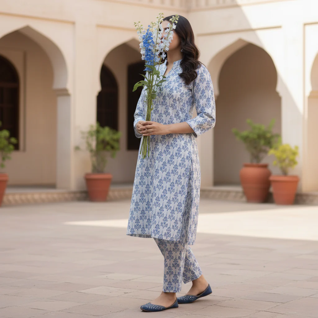 2PC Printed Viscose Linen Chambray Suit PW5218 - Image 3