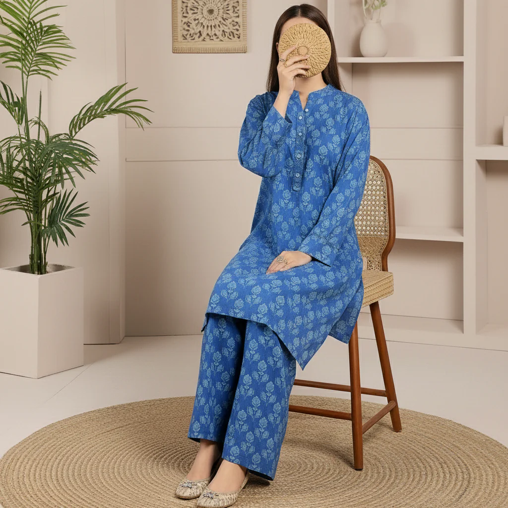 2PC Printed Viscose Linen Chambray Suit PW5219 - Image 2