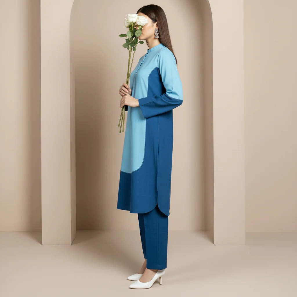 2PC Solid Dyed Slub Khaddar Blocking Effect Suit PW5180 - Image 3