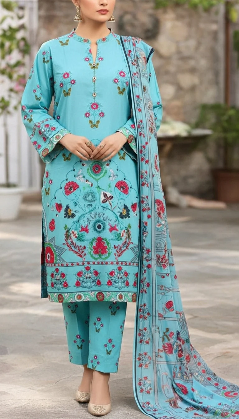 3 PC Digital Printed Cotton Cambric Suit PS6025