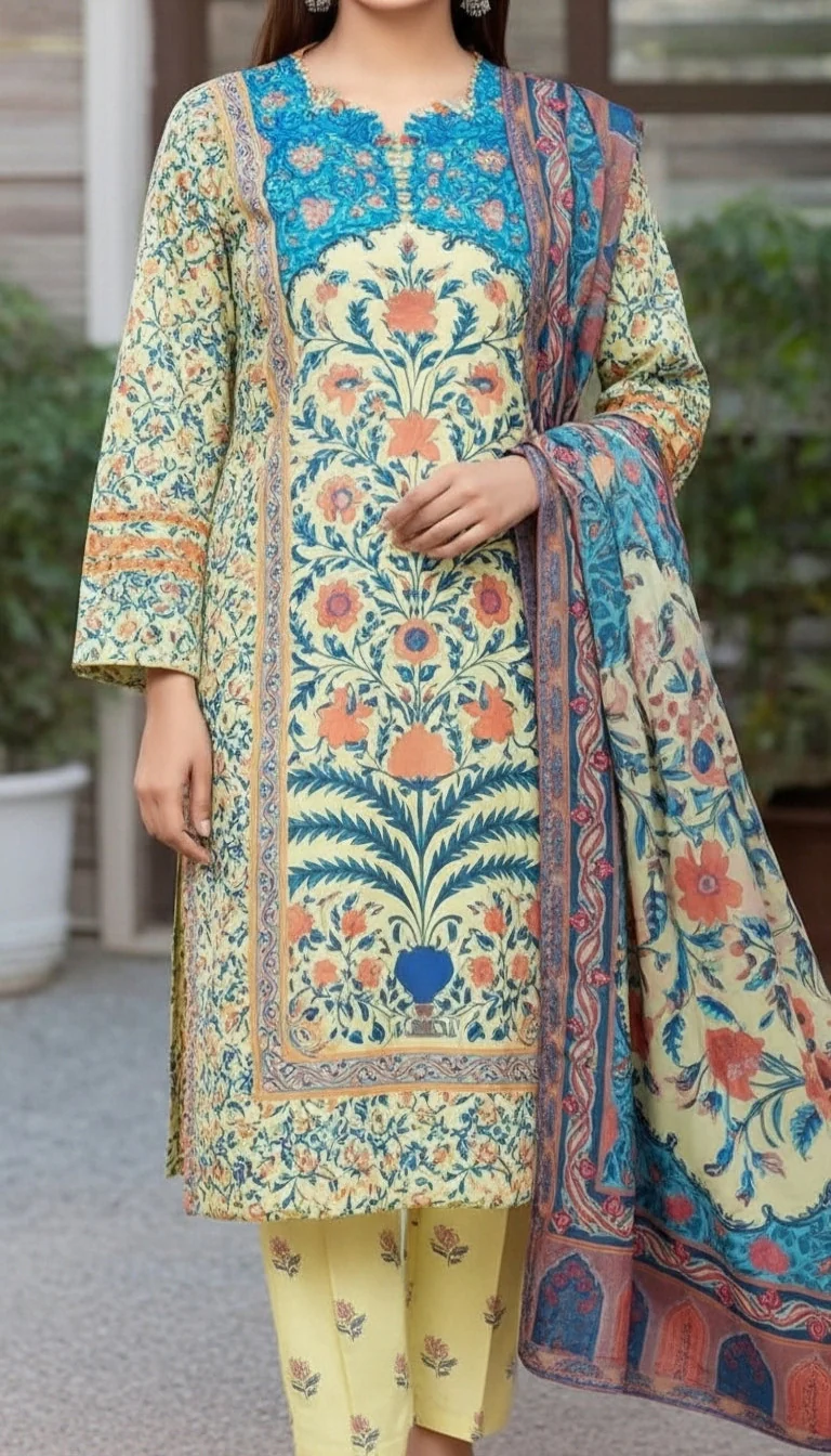 3 PC Digital Printed Cotton Cambric Suit PW5099