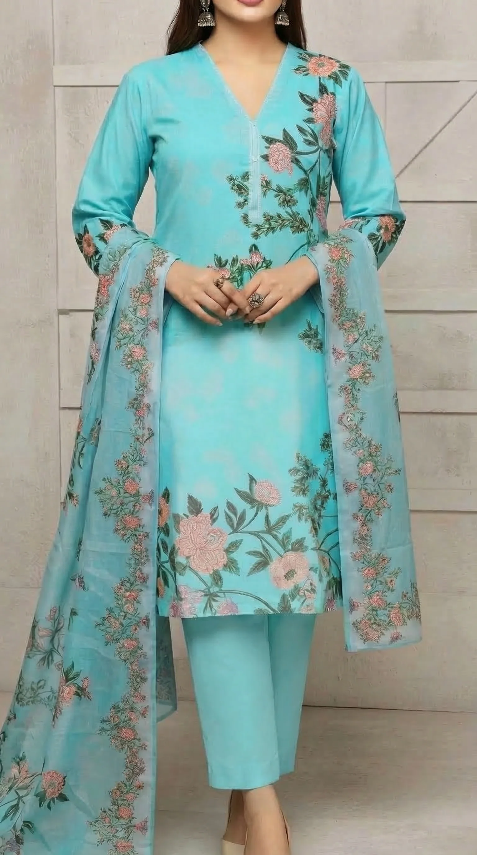 3 PC Digital Printed Cotton Cambric Suit PW5250