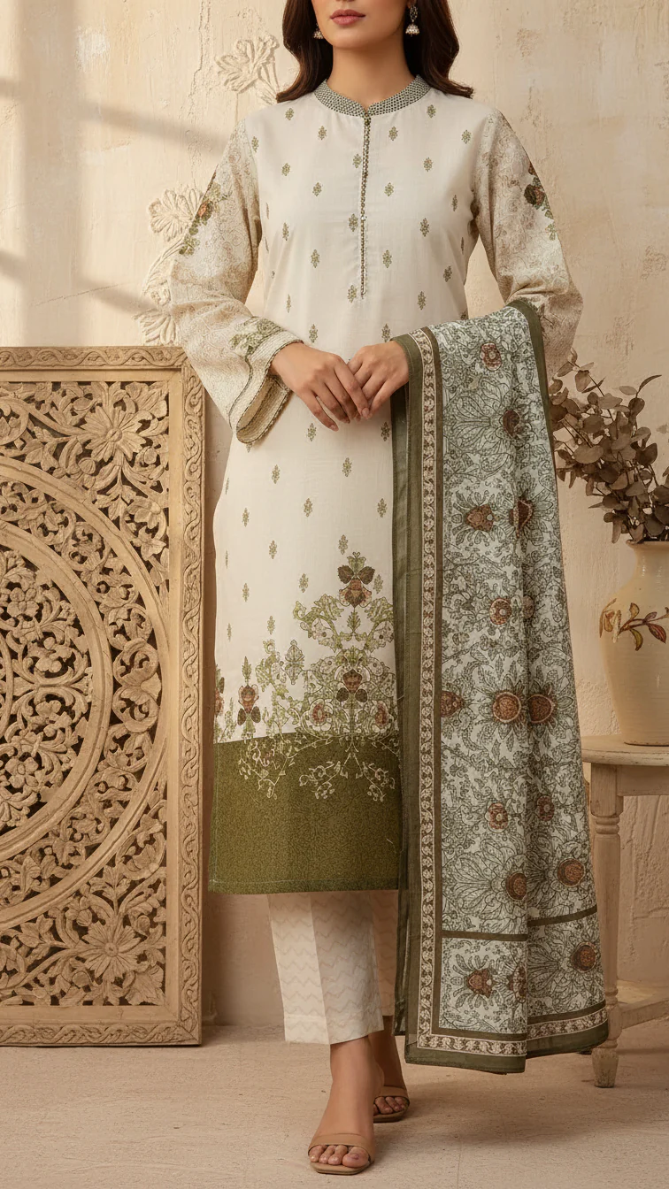 3 PC Digital Printed Slub Khaddar Suit PW5270 - Image 2