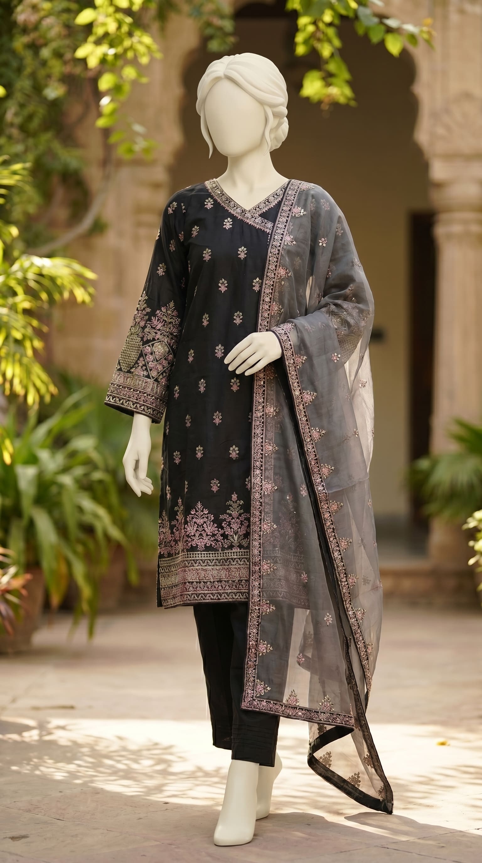 3 PC Embellished Raw Silk Suit PF610801