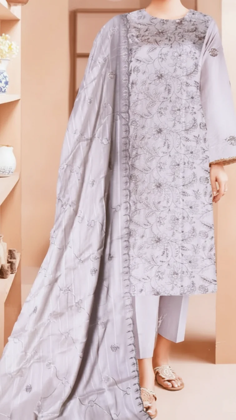 3 PC Embroidered Cambric Suit UW5007 - Image 2