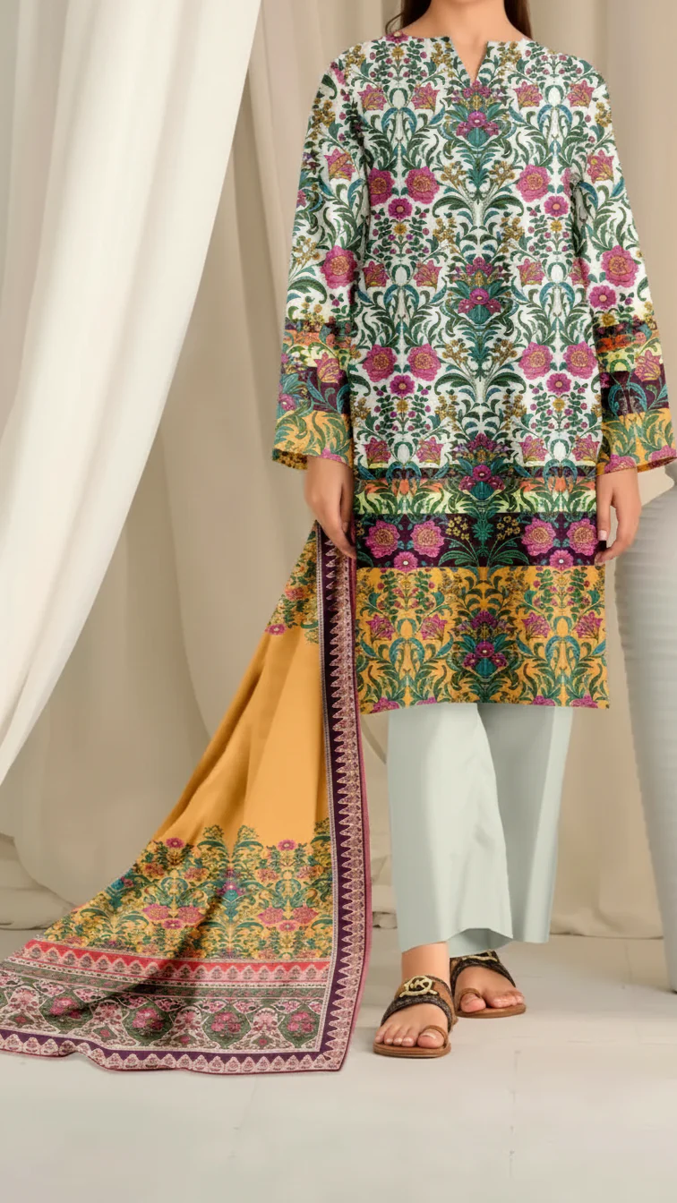 3 PC Printed Slub Khaddar Suit UW5055 - Image 2
