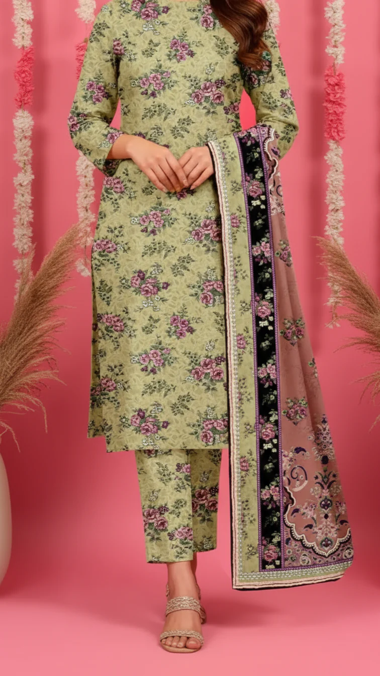 3 PC Printed Slub Khaddar Suit UW5058 - Image 2