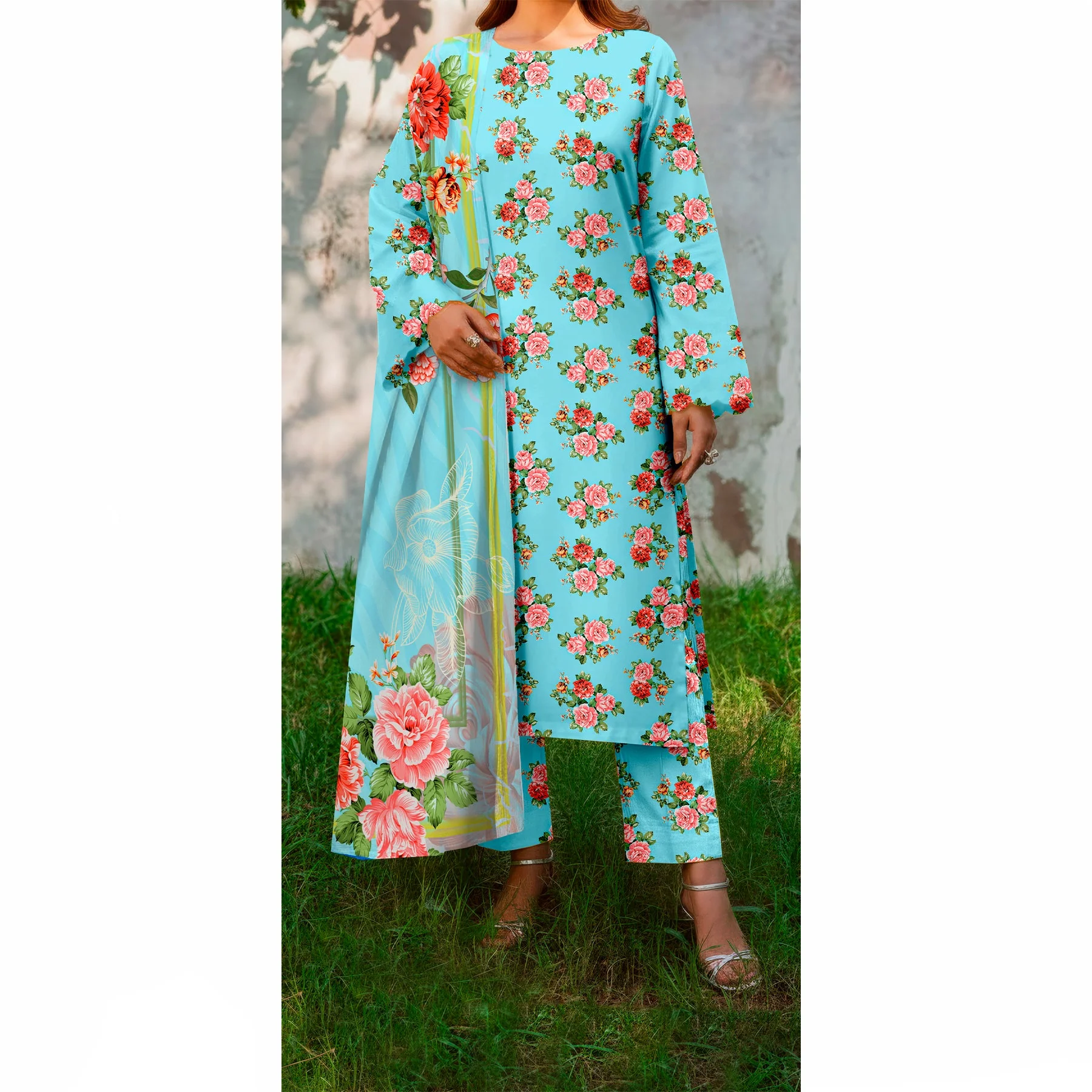 3 PC Printed Slub Khaddar Suit UW5060 - Image 3