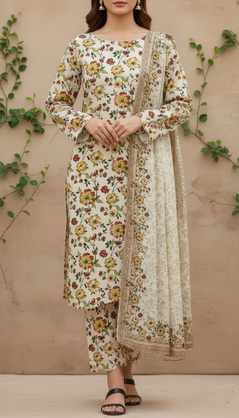 3 PC Printed Slub Khaddar Suit UW5061