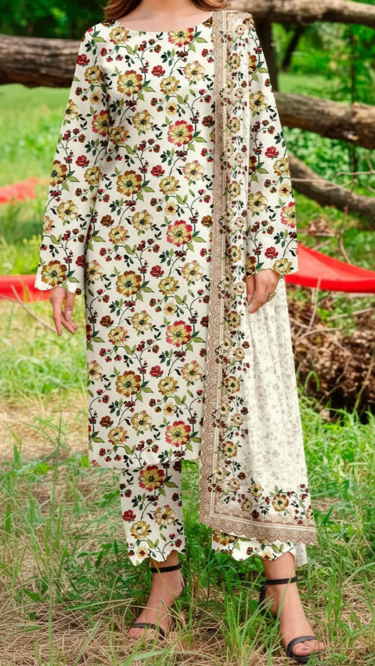3 PC Printed Slub Khaddar Suit UW5061 - Image 2