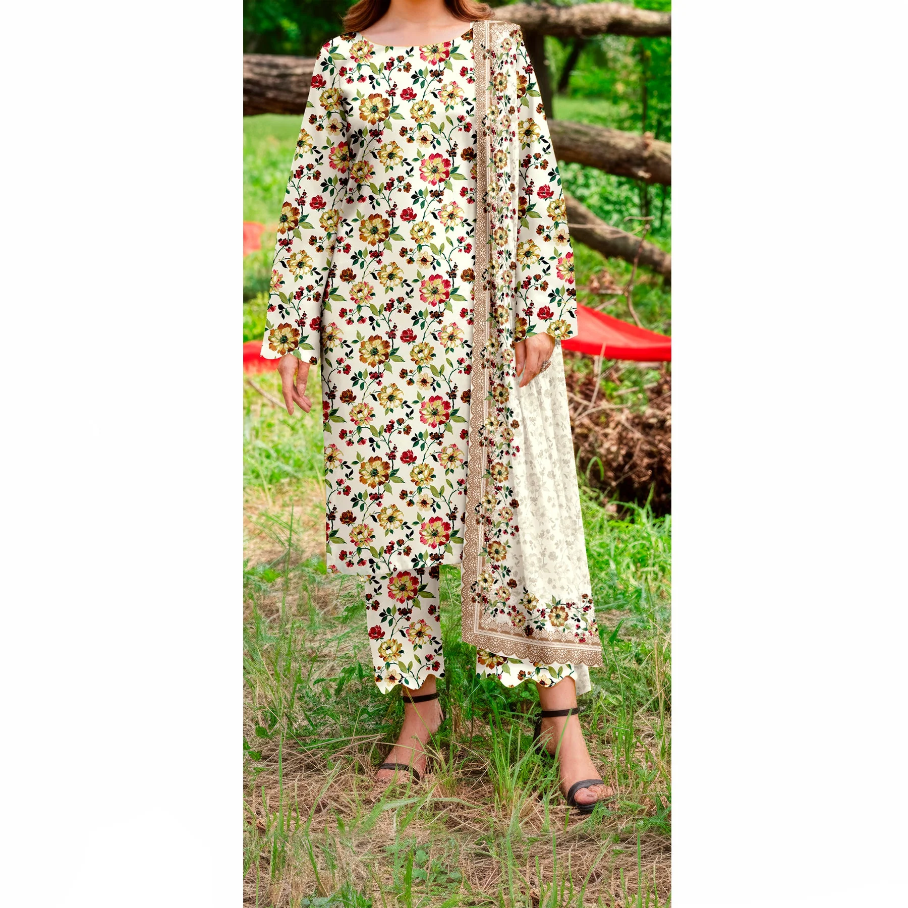 3 PC Printed Slub Khaddar Suit UW5061 - Image 3