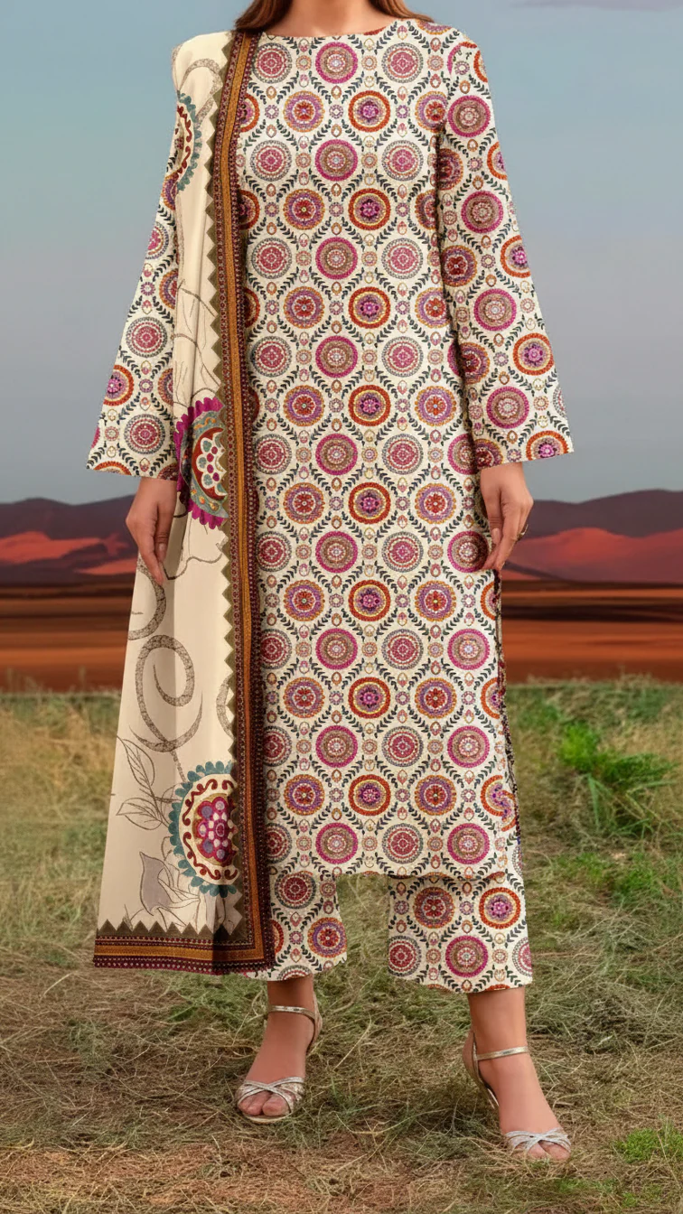 3 PC Printed Slub Khaddar Suit UW5062 - Image 2