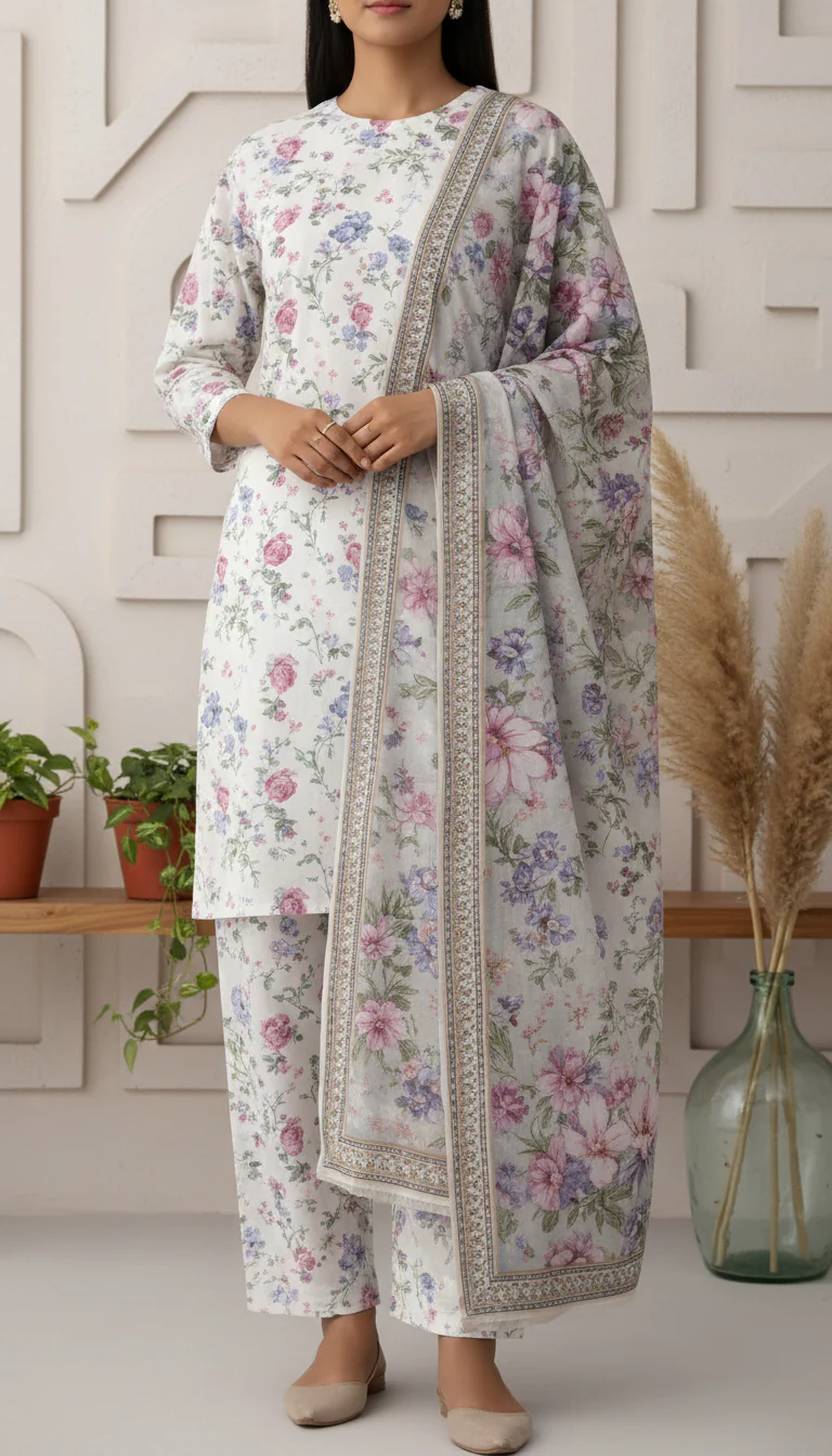 3 PC Unstitched Digital Printed Lawn Suit US6017