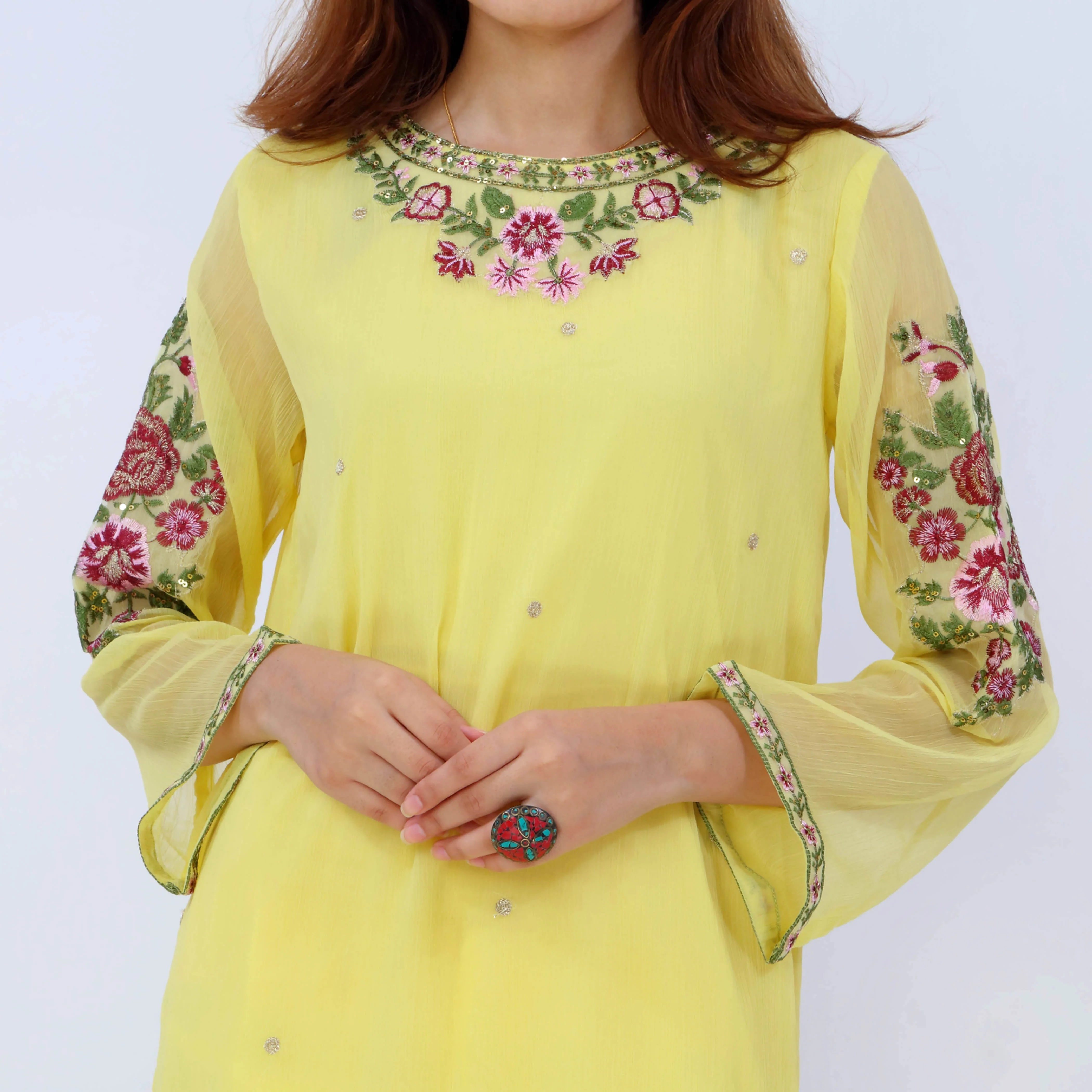 AMARILLA<br>3 PC Embroidered Chiffon Suit PS5313 - Image 3