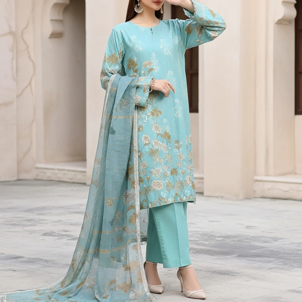 3PC Digital Printed Raw Silk Suit PW5173 - Image 2