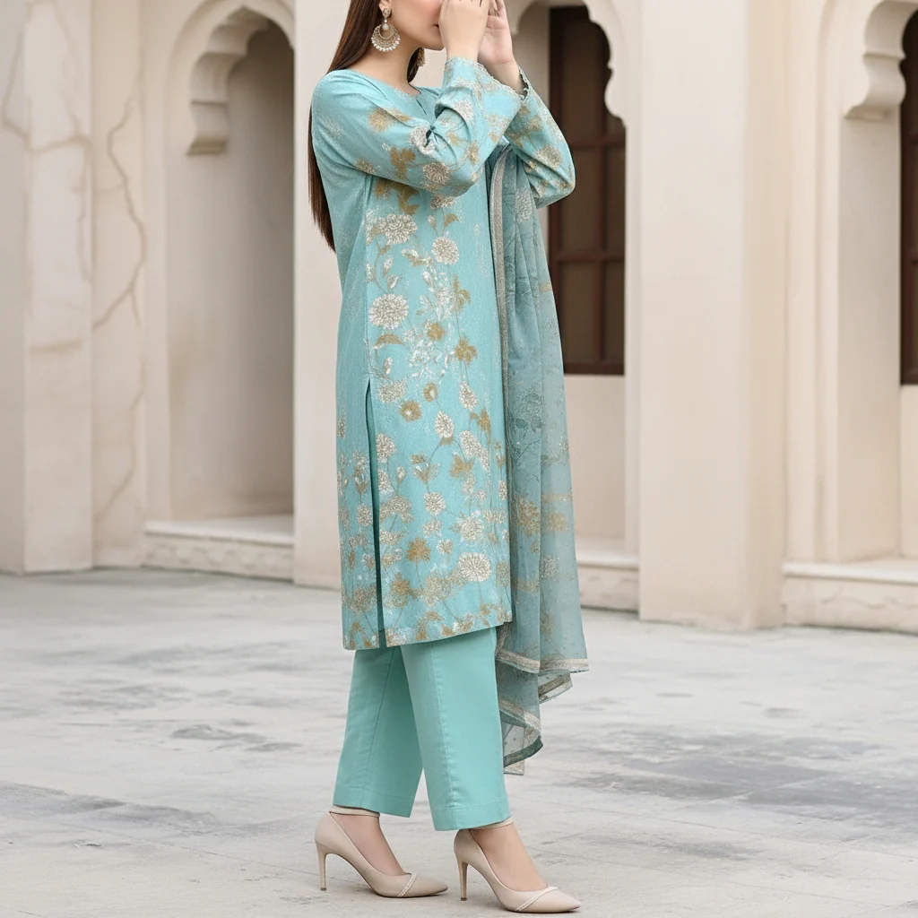 3PC Digital Printed Raw Silk Suit PW5173 - Image 4