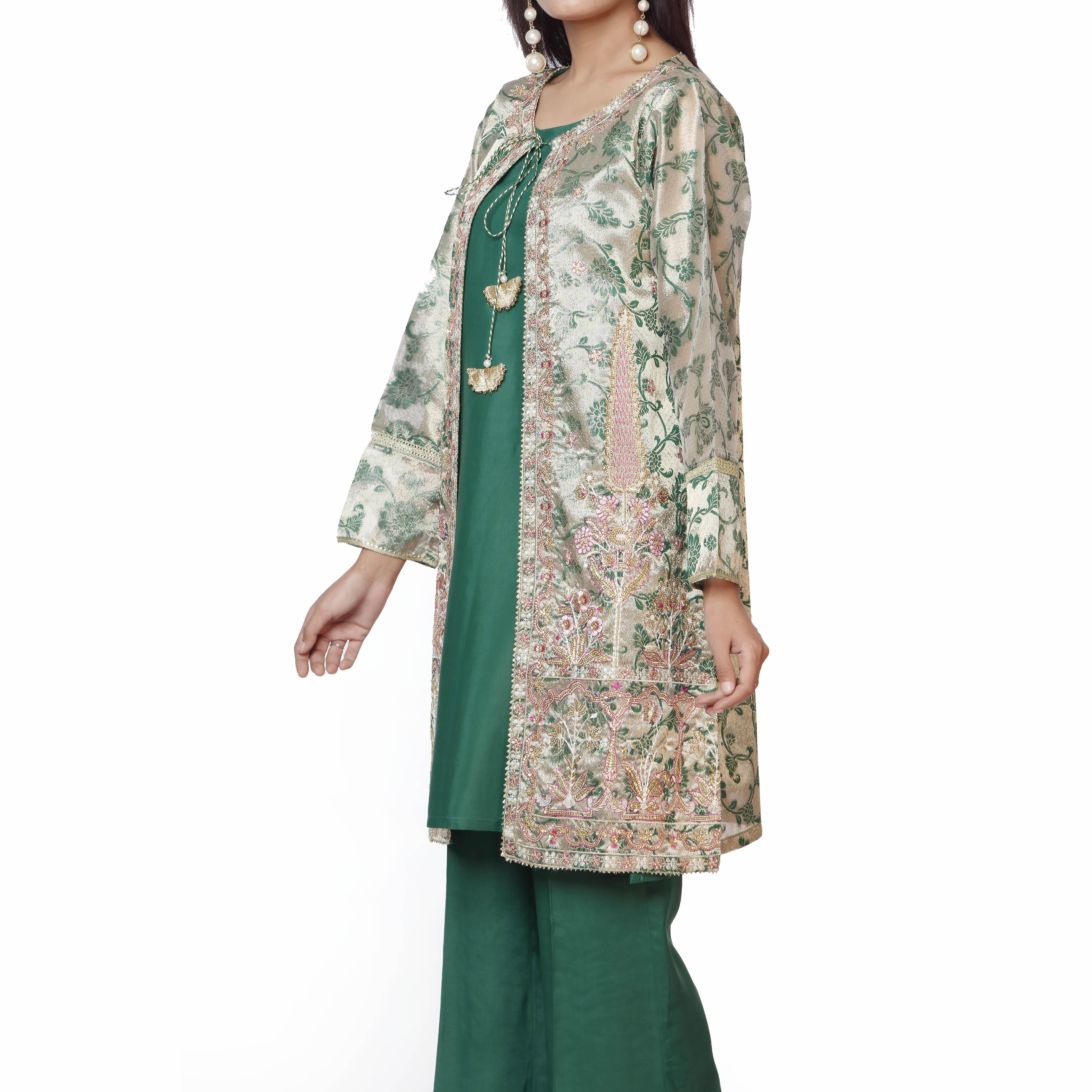 3PC-Embellished Jamawar Shirt with Raw silk Camisole & Trouser PS2301 - Image 2