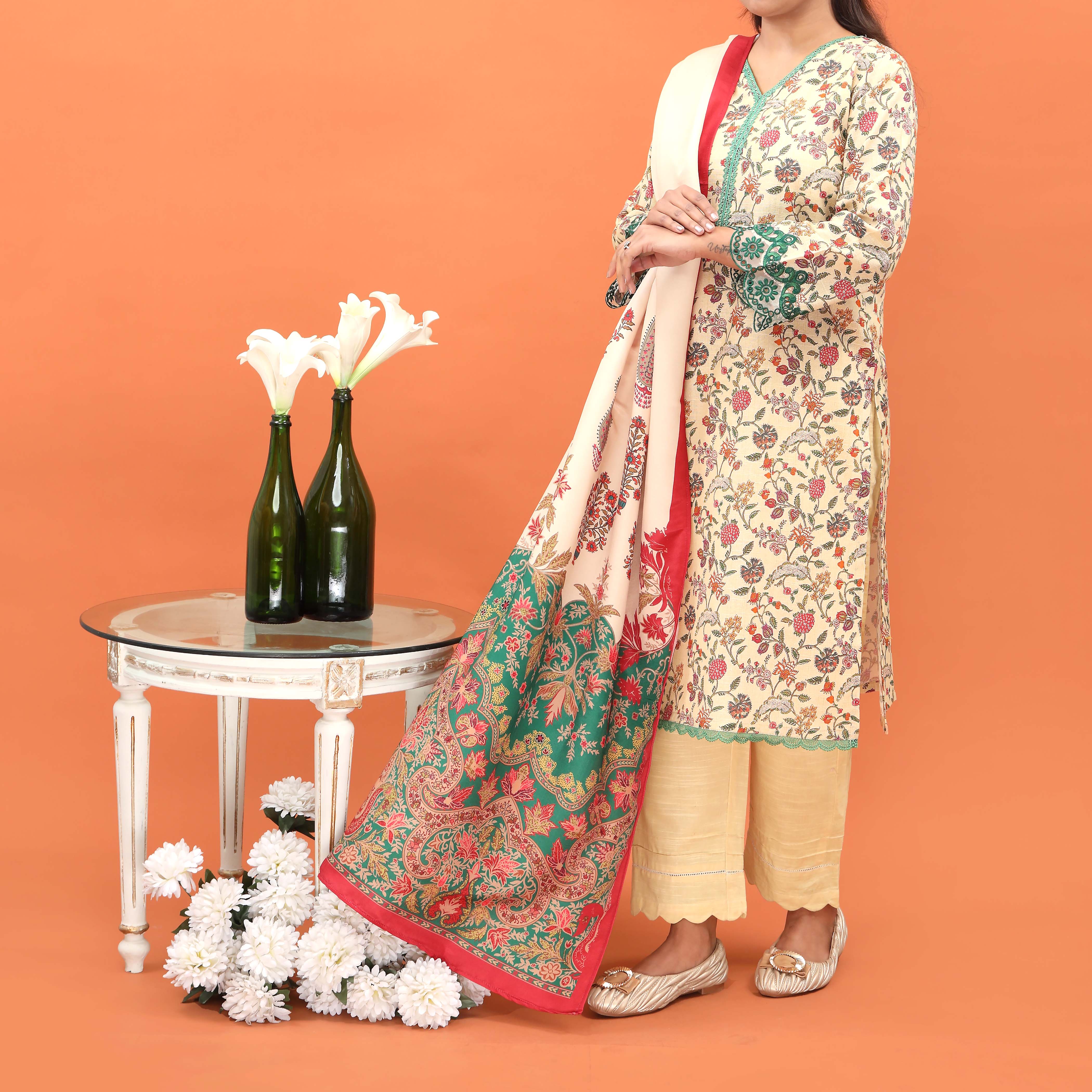 3PC- Embellished Khaddar Suit PW4146 - Image 2