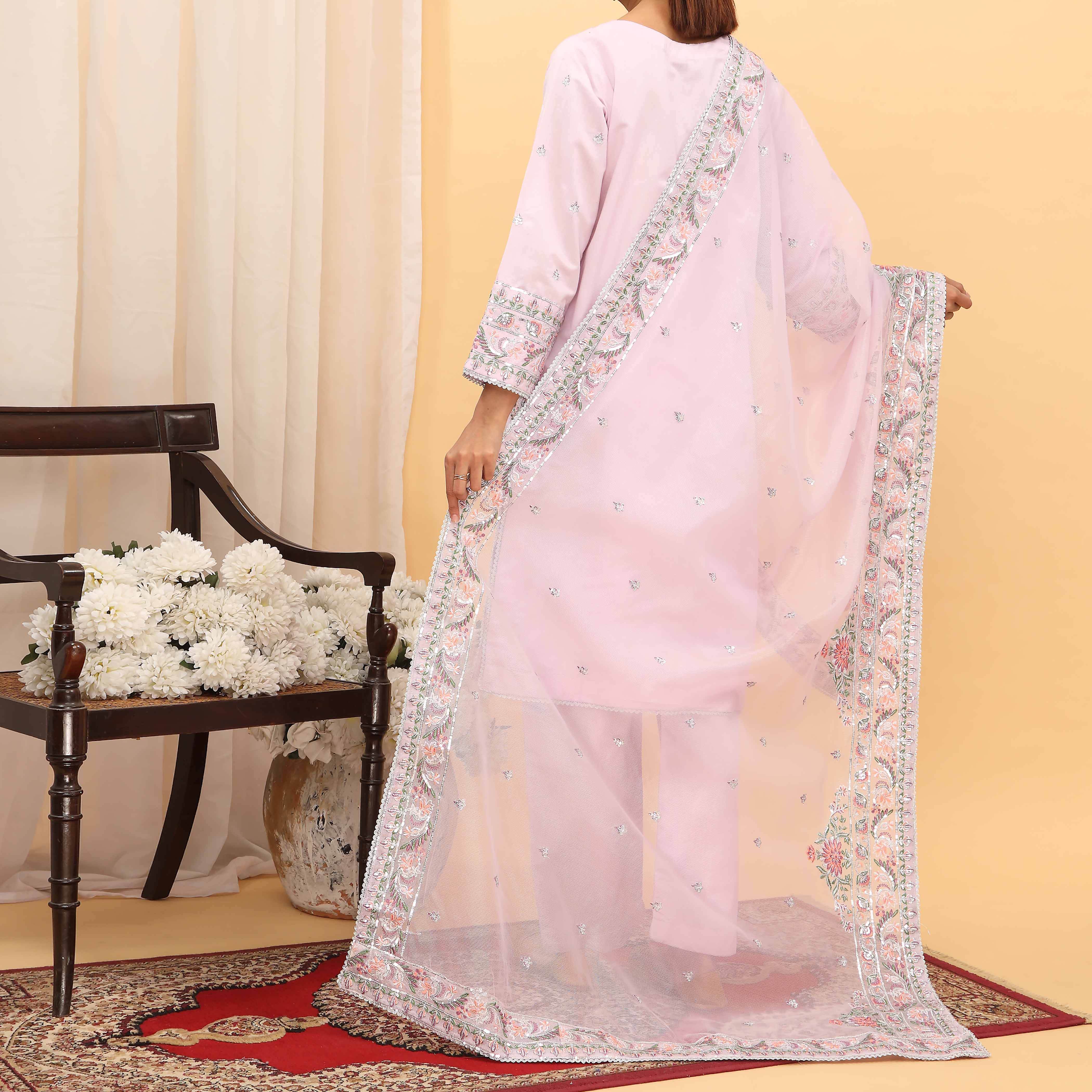 3PC- Embellished Khaddi Net Suit PF5010 - Image 3