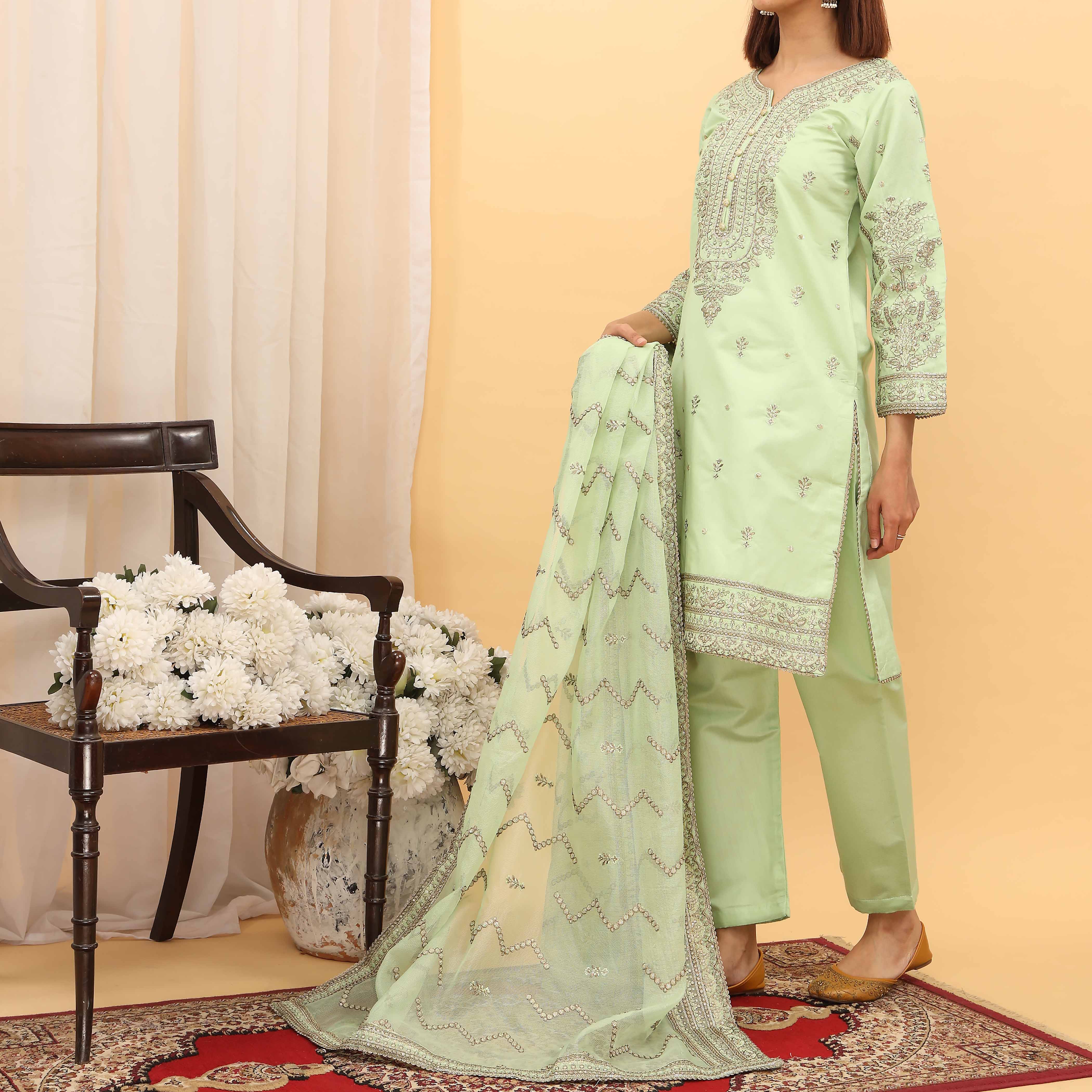 3PC- Embellished Khaddi Net Suit PF5062 - Image 2