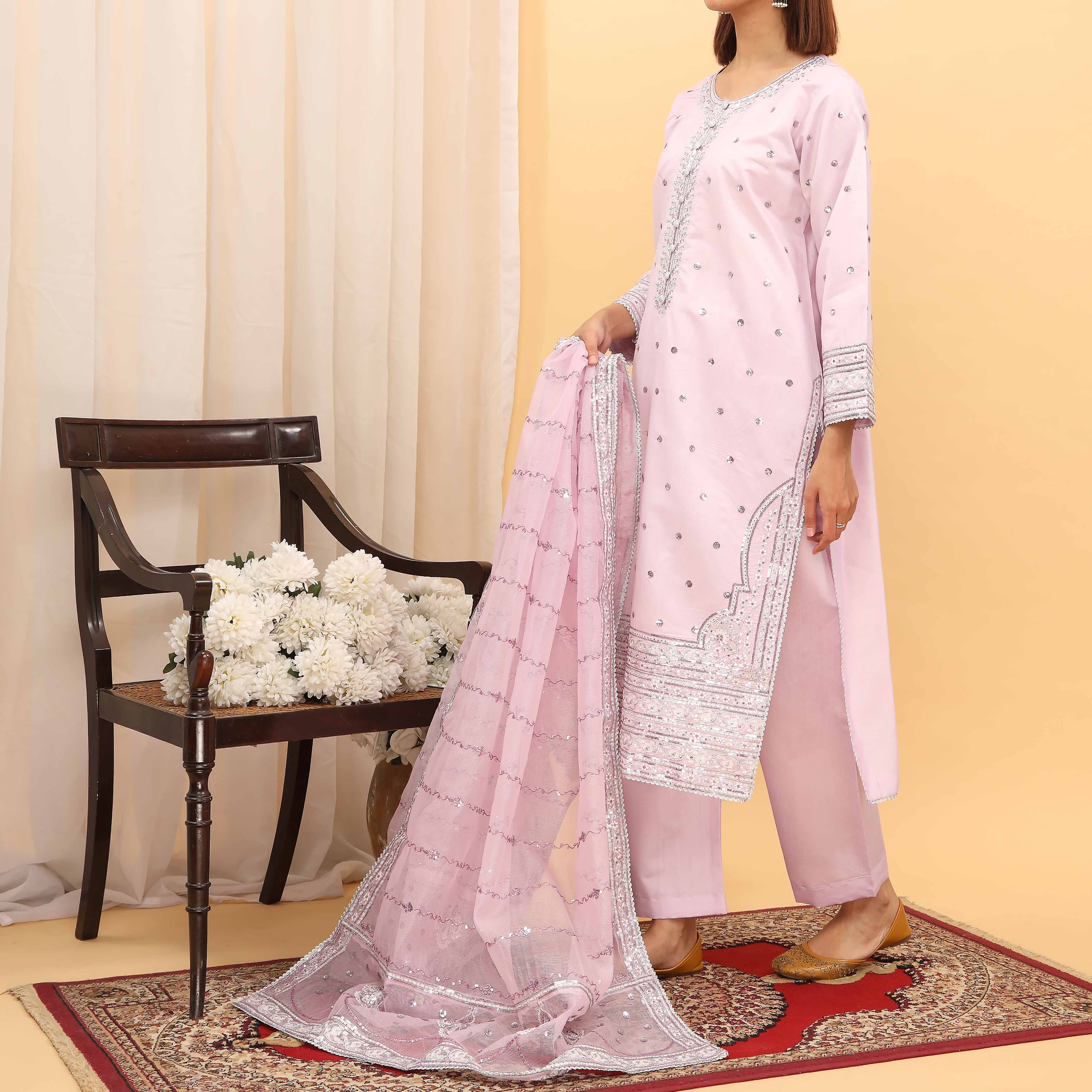 3PC- Embellished Khaddi Net Suit PF5077 - Image 2