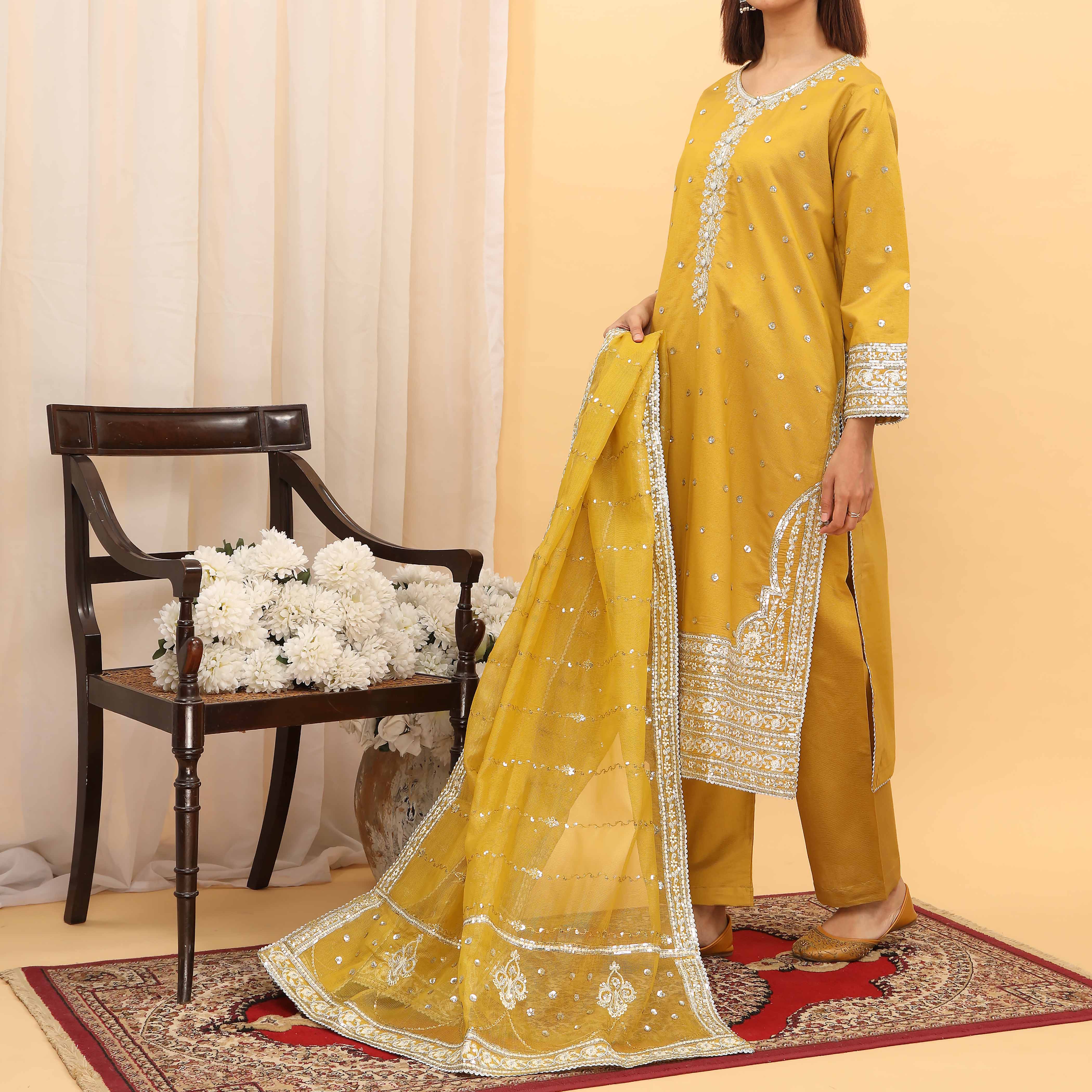 3PC- Embellished Khaddi Net Suit PF5078 - Image 2