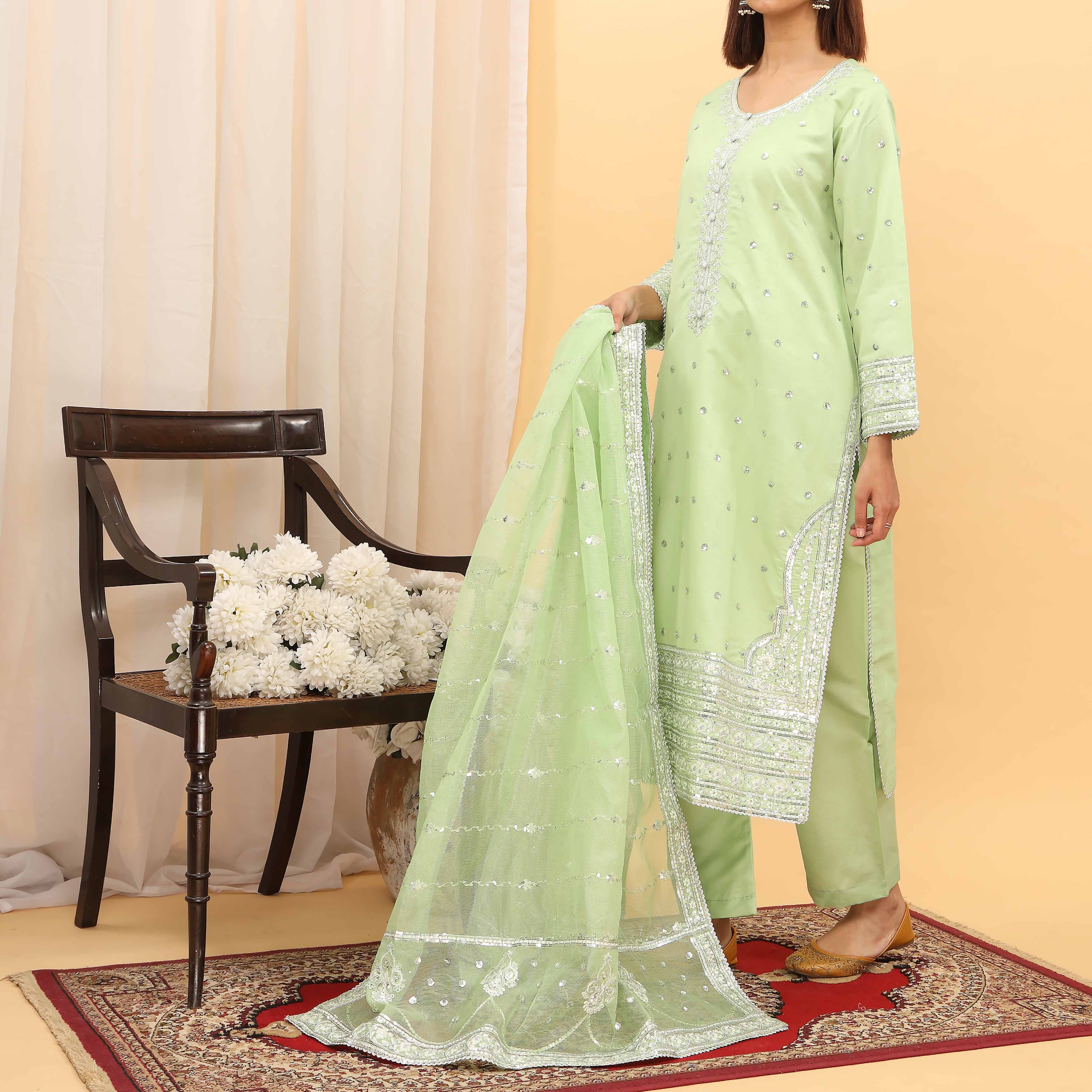 3PC- Embellished Khaddi Net Suit PF5079 - Image 2