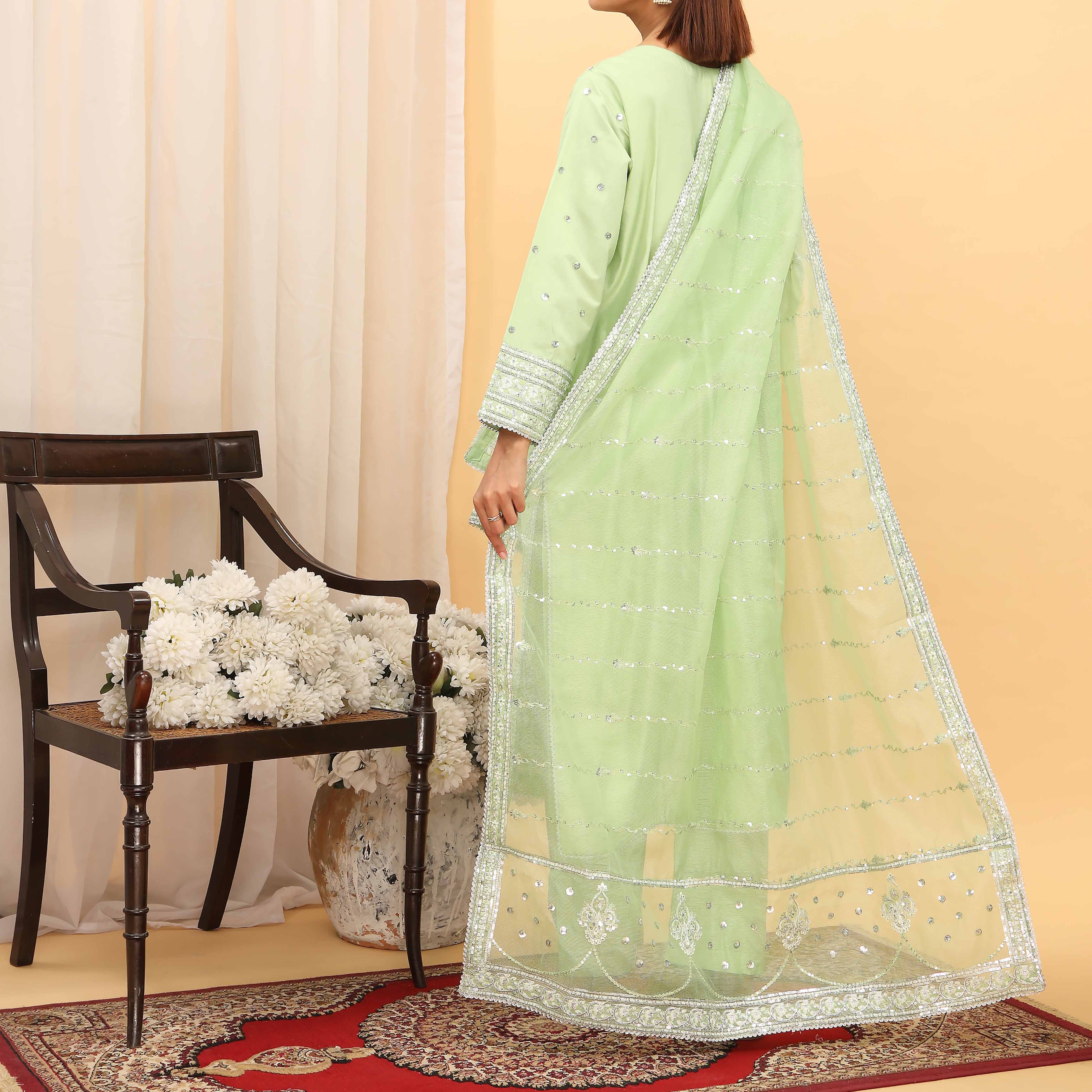 3PC- Embellished Khaddi Net Suit PF5079 - Image 3