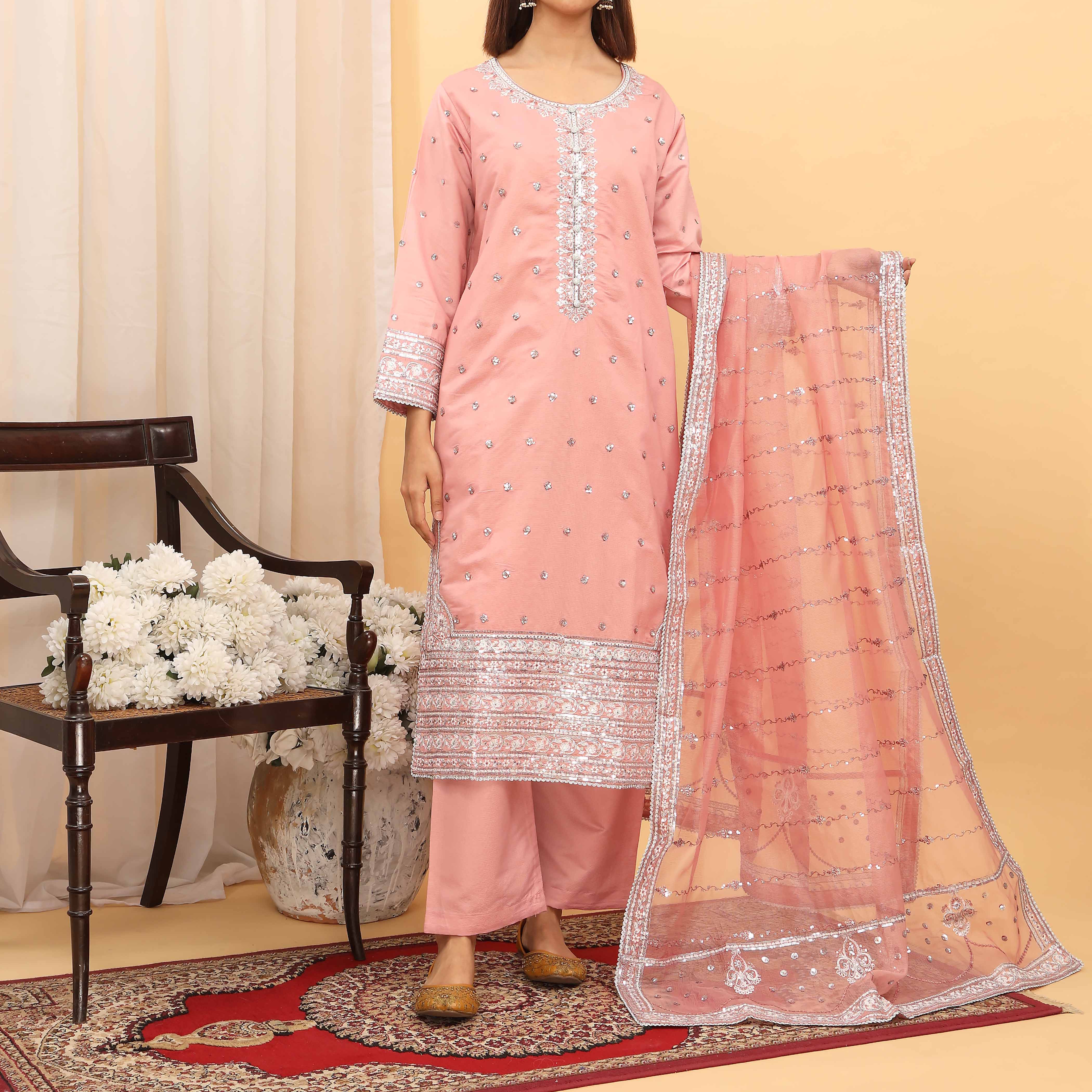 3PC- Embellished Khaddi Net Suit PF5080