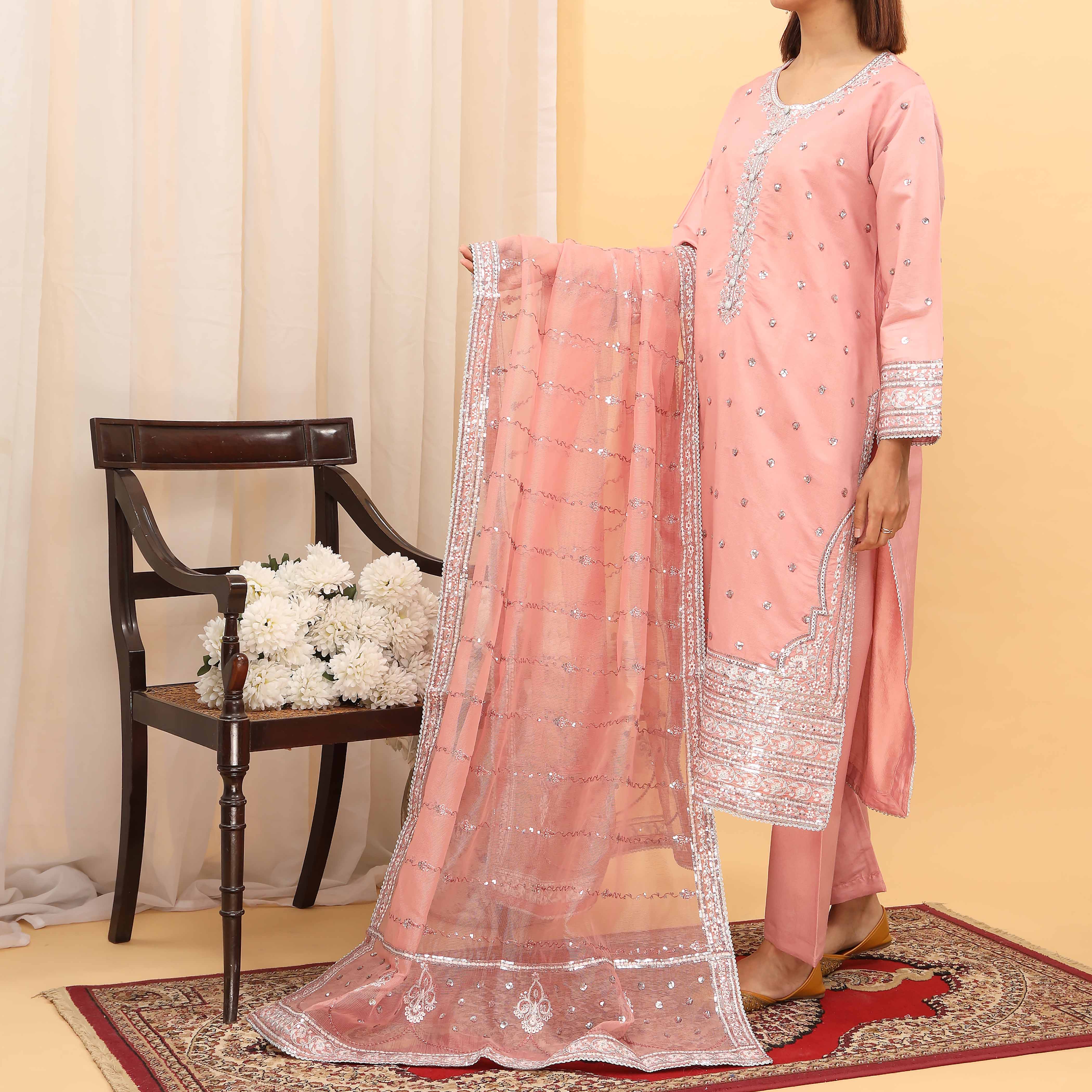 3PC- Embellished Khaddi Net Suit PF5080 - Image 2