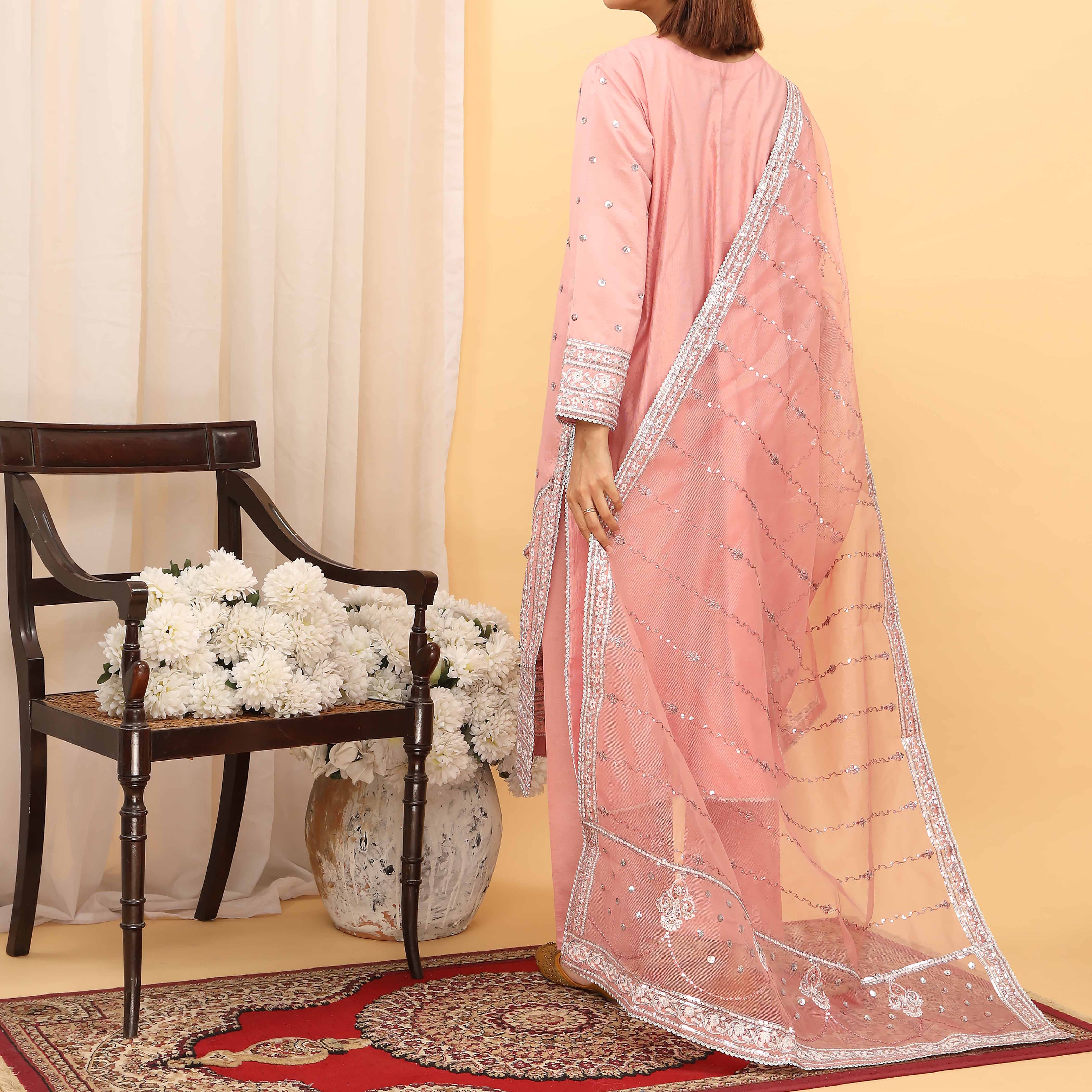 3PC- Embellished Khaddi Net Suit PF5080 - Image 3