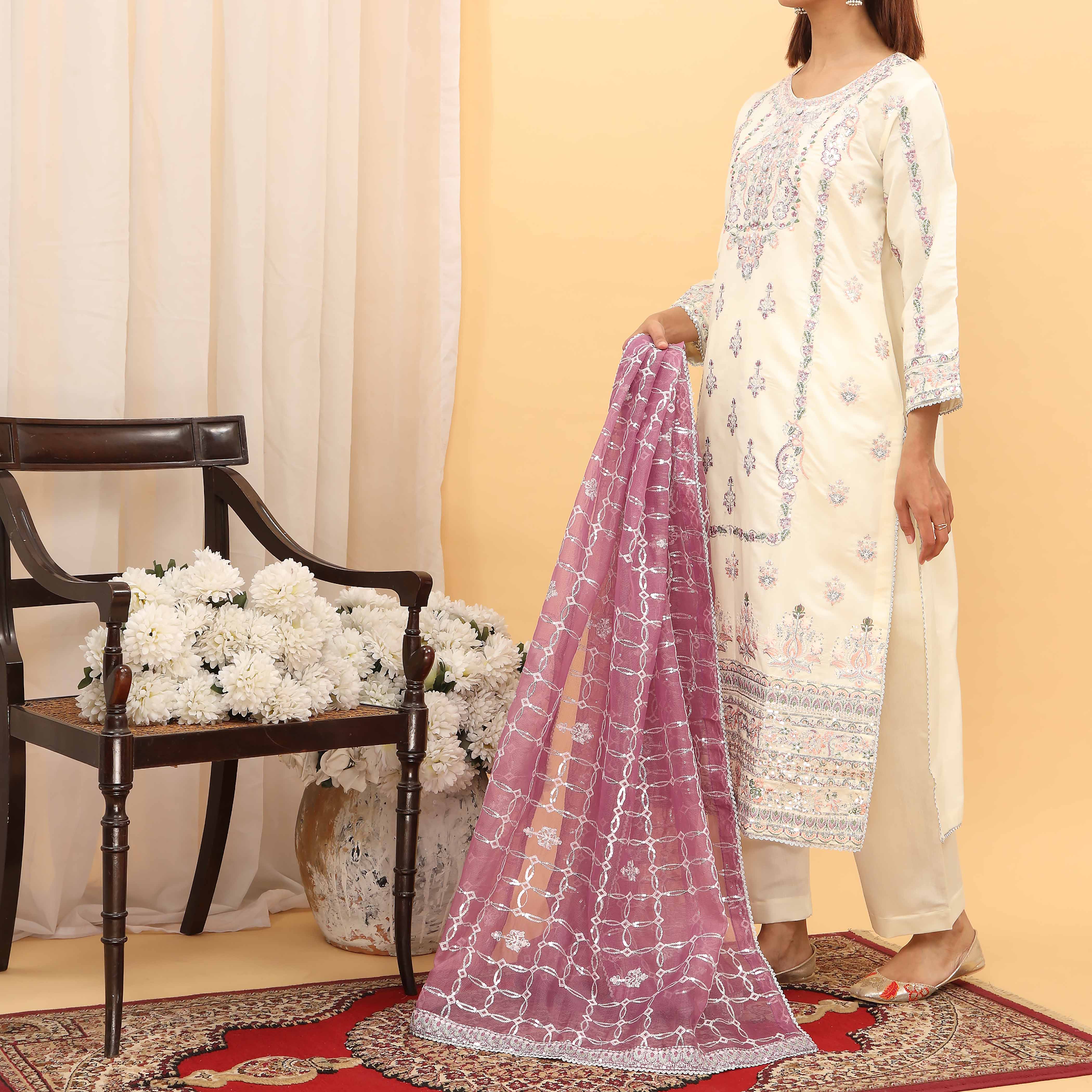 3PC- Embellished Khaddi Net Suit PF5100 - Image 2