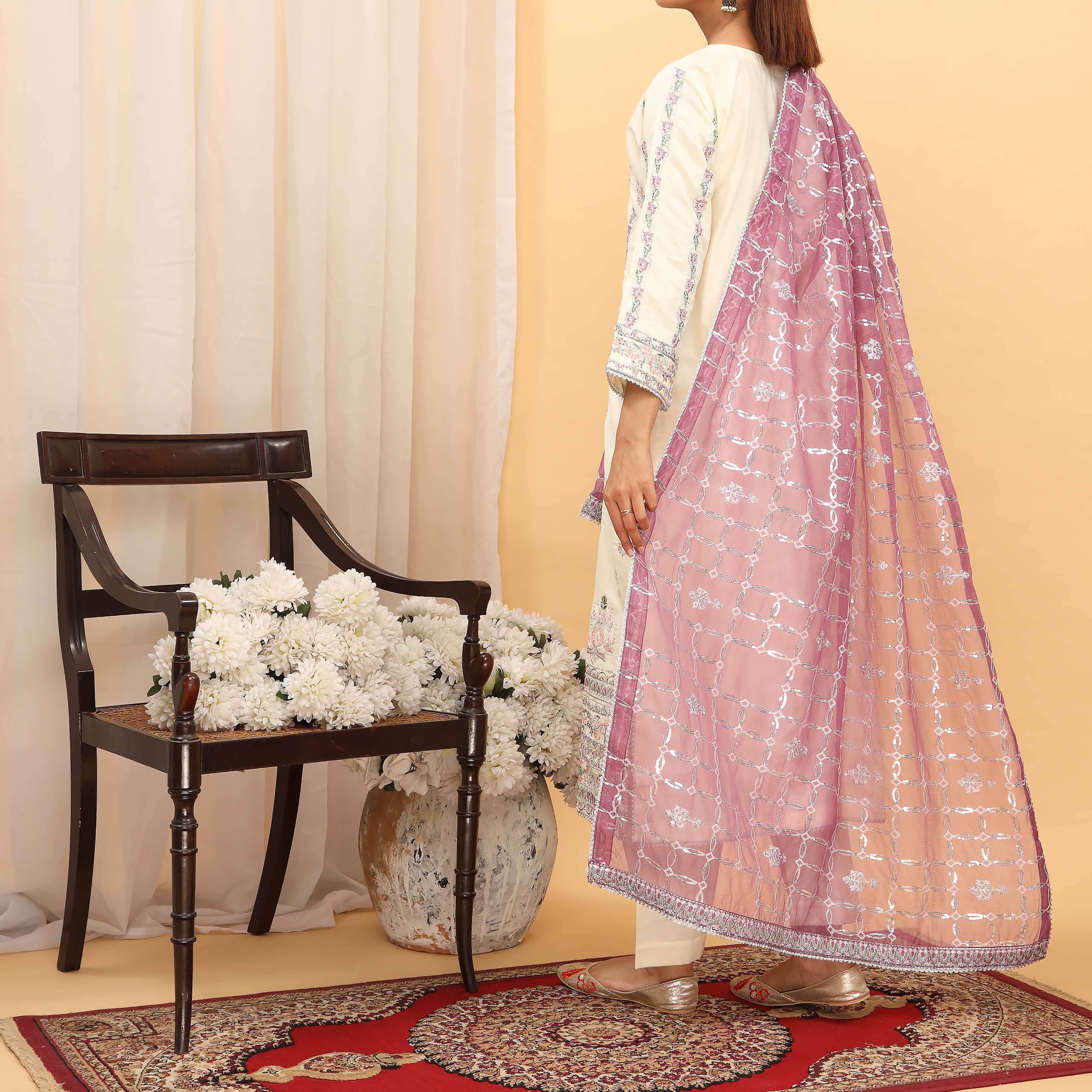 3PC- Embellished Khaddi Net Suit PF5100 - Image 3